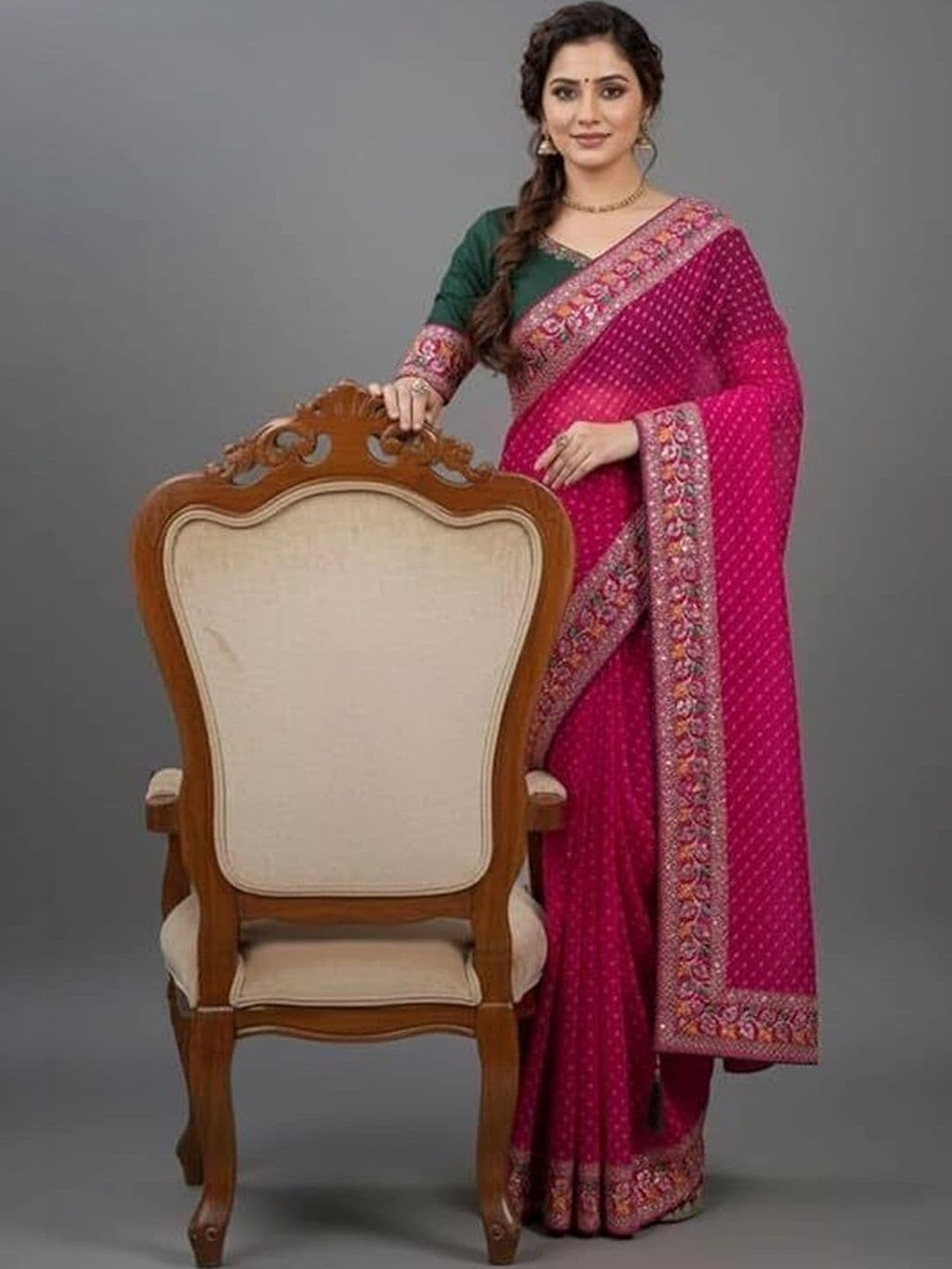 RENBRIZA Embellished Embroidered Poly Georgette Saree - view 1