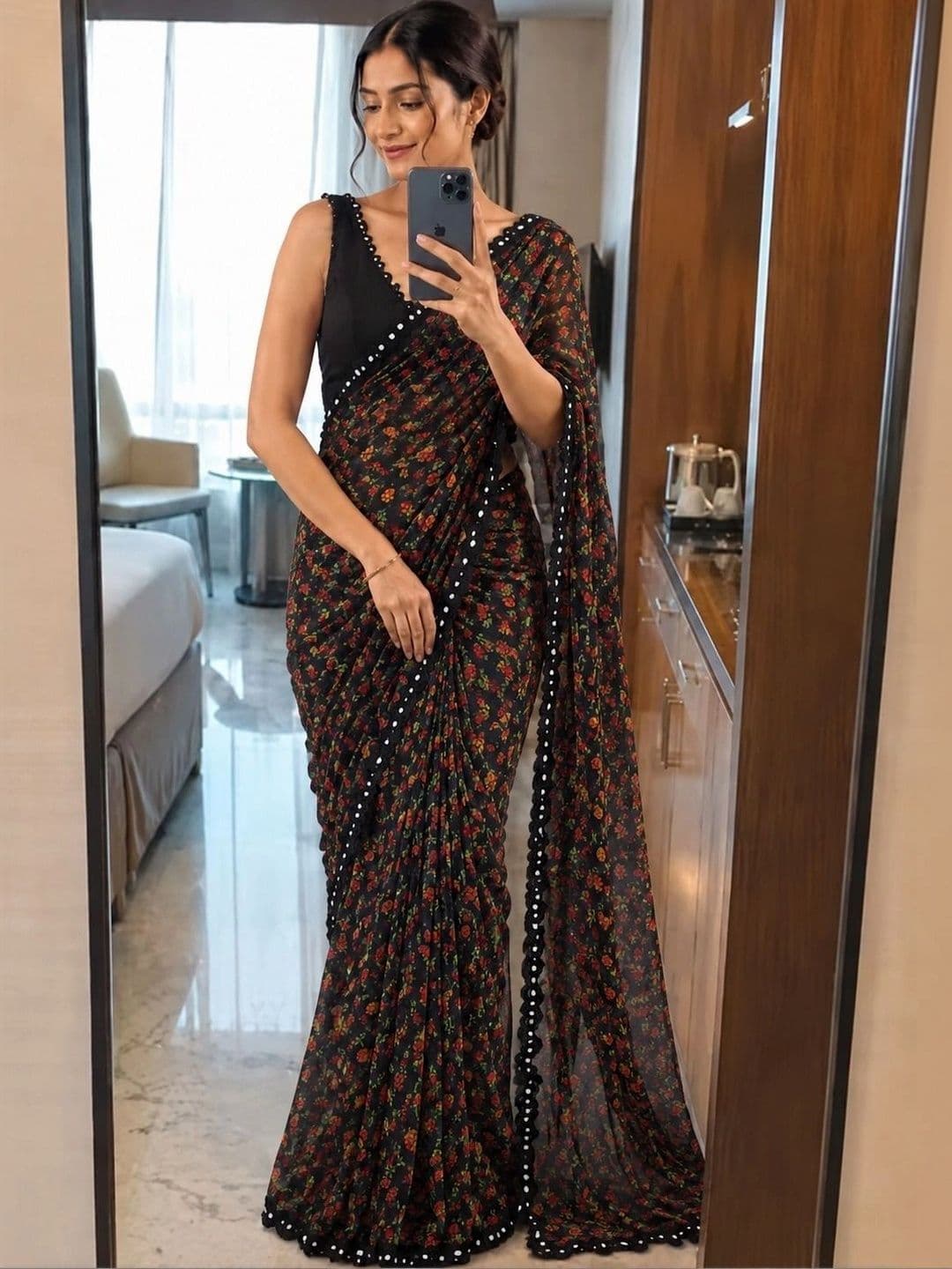 RENBRIZA Embellished Poly Georgette Saree thumbnail 2