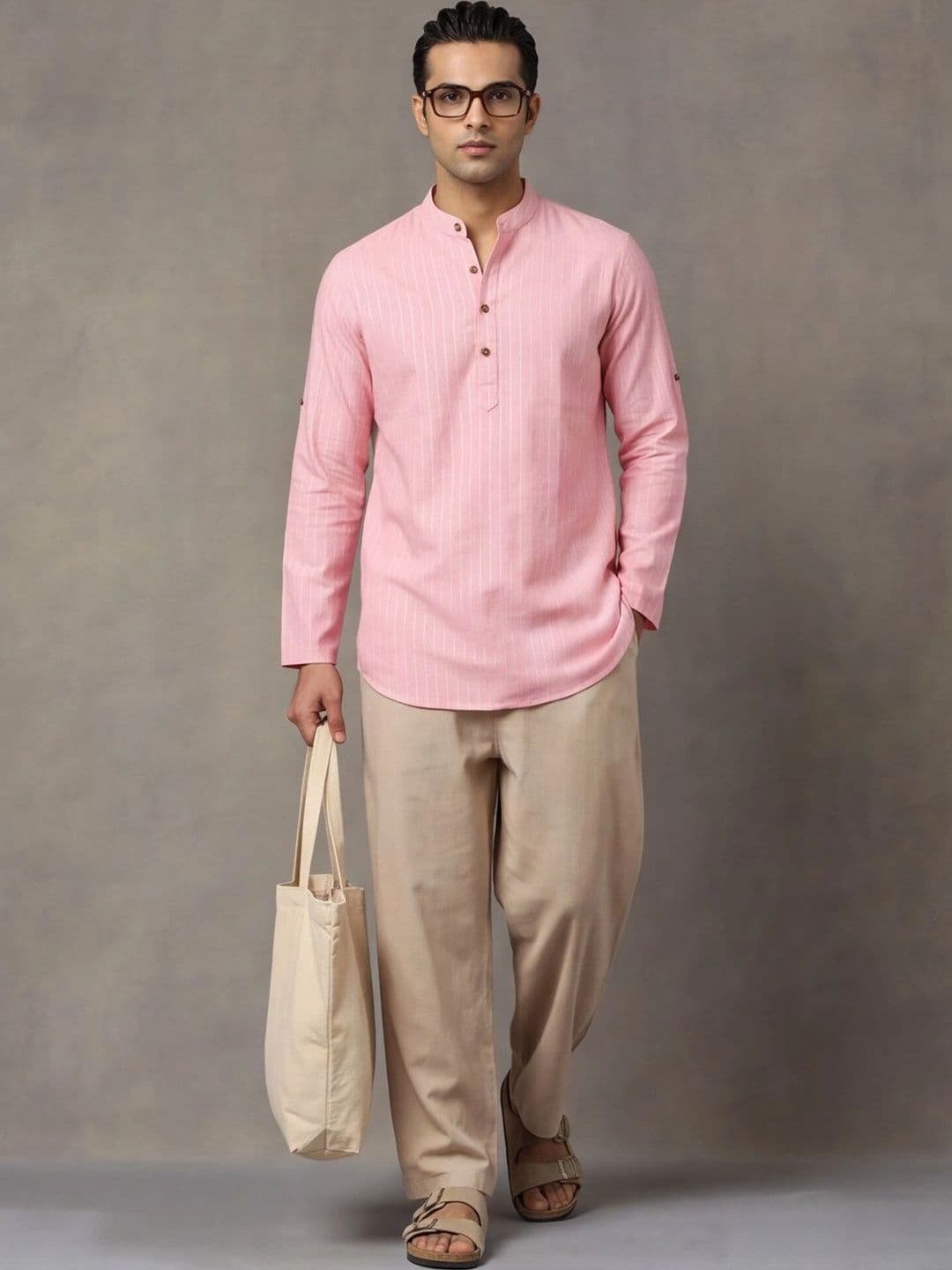 Navibhu Woven Design Solid Cotton Handloom Mandarin Collar Short Kurta - view 1