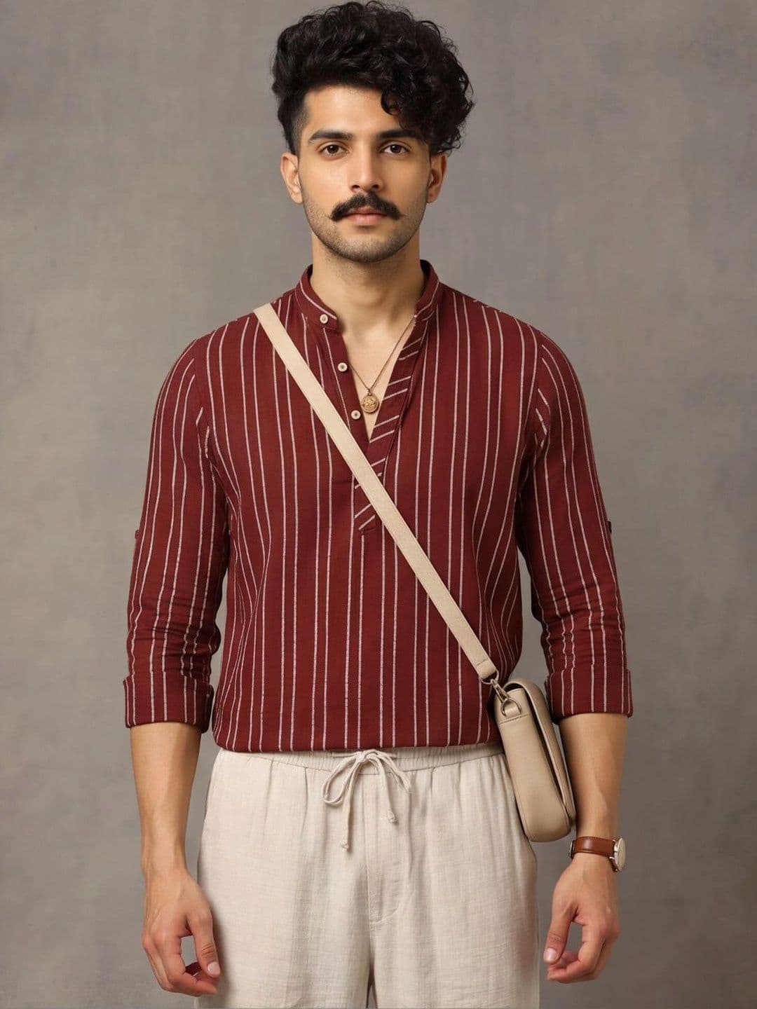 Navibhu Woven Design Striped Cotton Handloom Mandarin Collar Short Kurta thumbnail 3