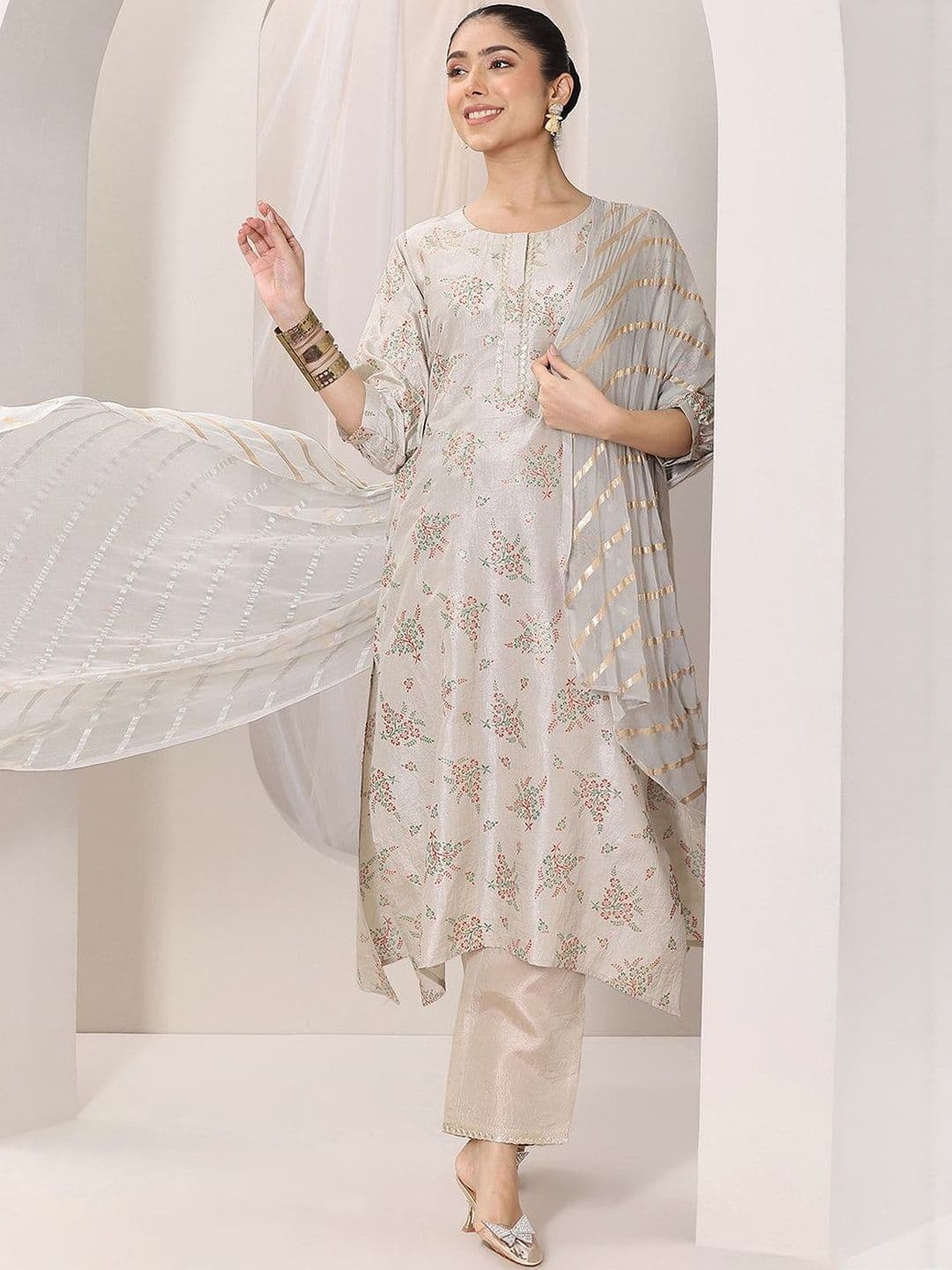 Libas Floral Printed Anarkali Thread Work Kurta With Trousers & Dupatta - view 1