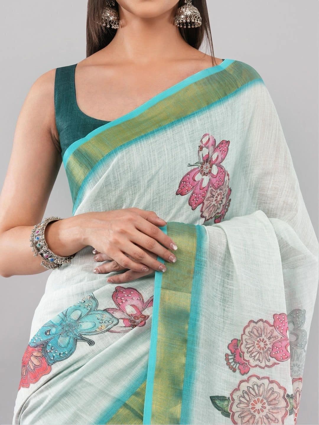 SAMANTHA Floral Zari Linen Blend Saree thumbnail 4