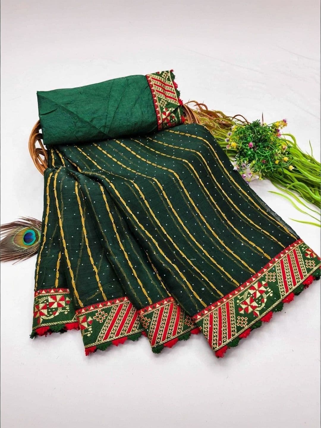 RENBRIZA Striped Embroidered Poly Chiffon Saree - view 1