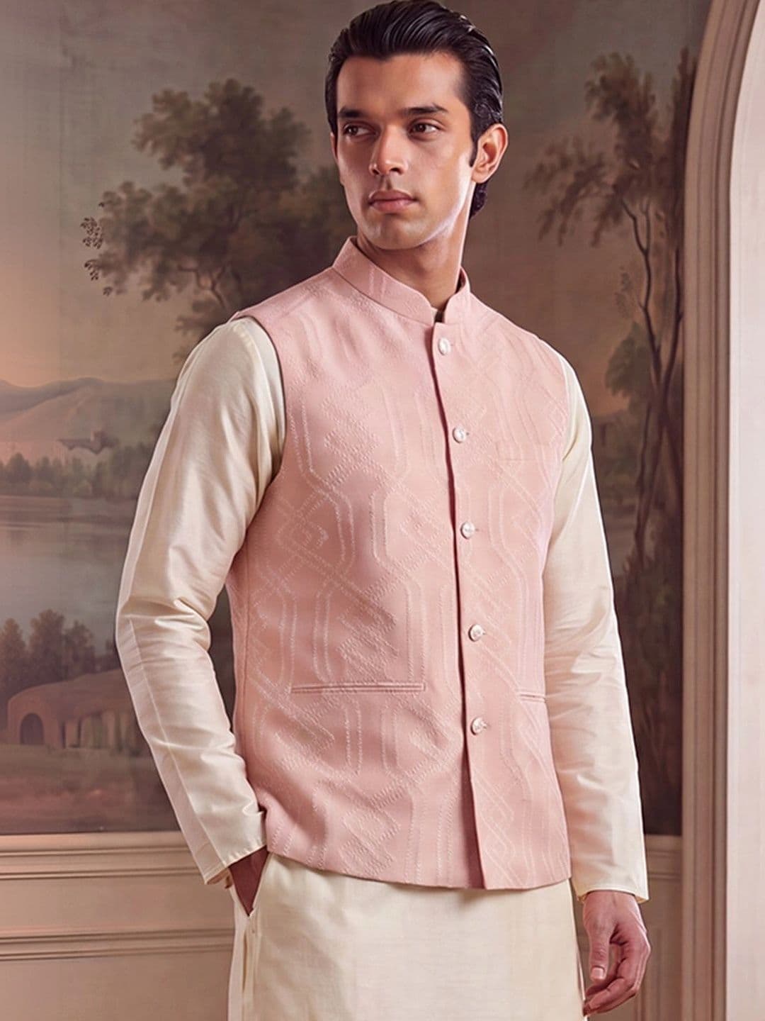 House of Pataudi Jacquard Woven Design Mandarin Collar Koti - view 1