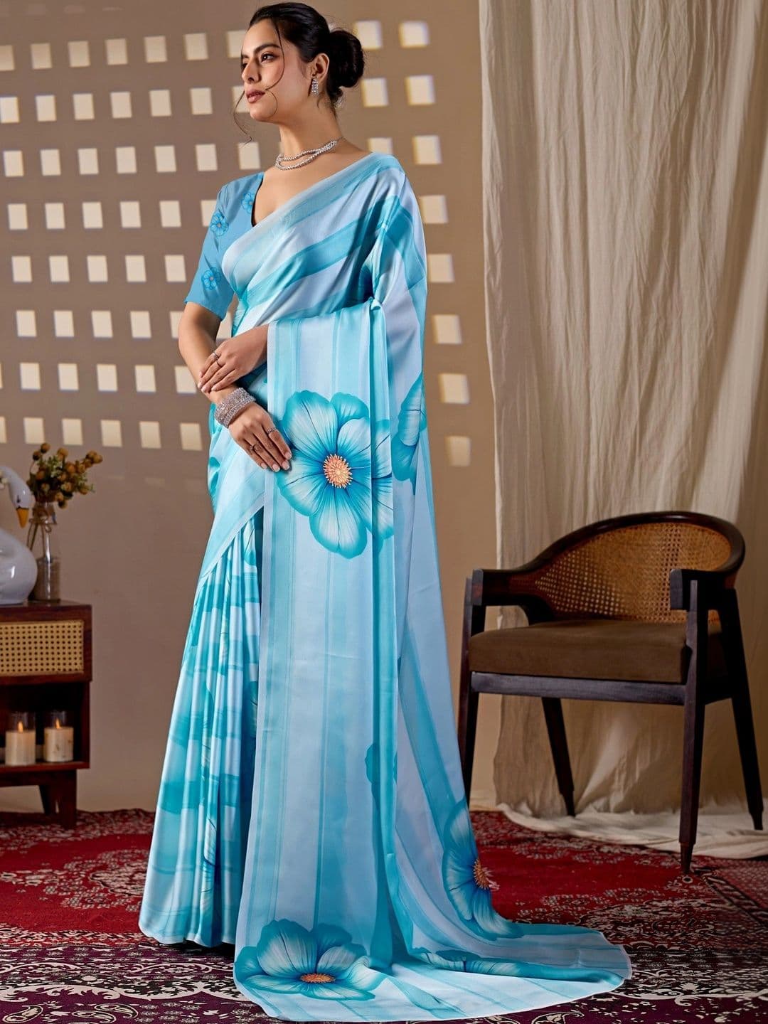 all about you Floral Satin Designer Saree thumbnail 6
