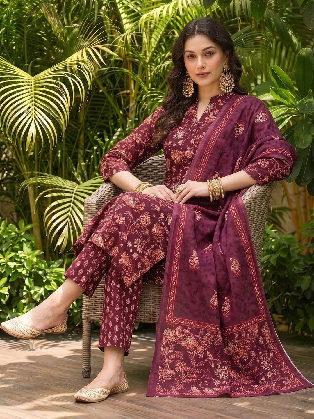 KALINI Floral Printed Mandarin Collar Straight Kurta With Trousers & Dupatta thumbnail 6