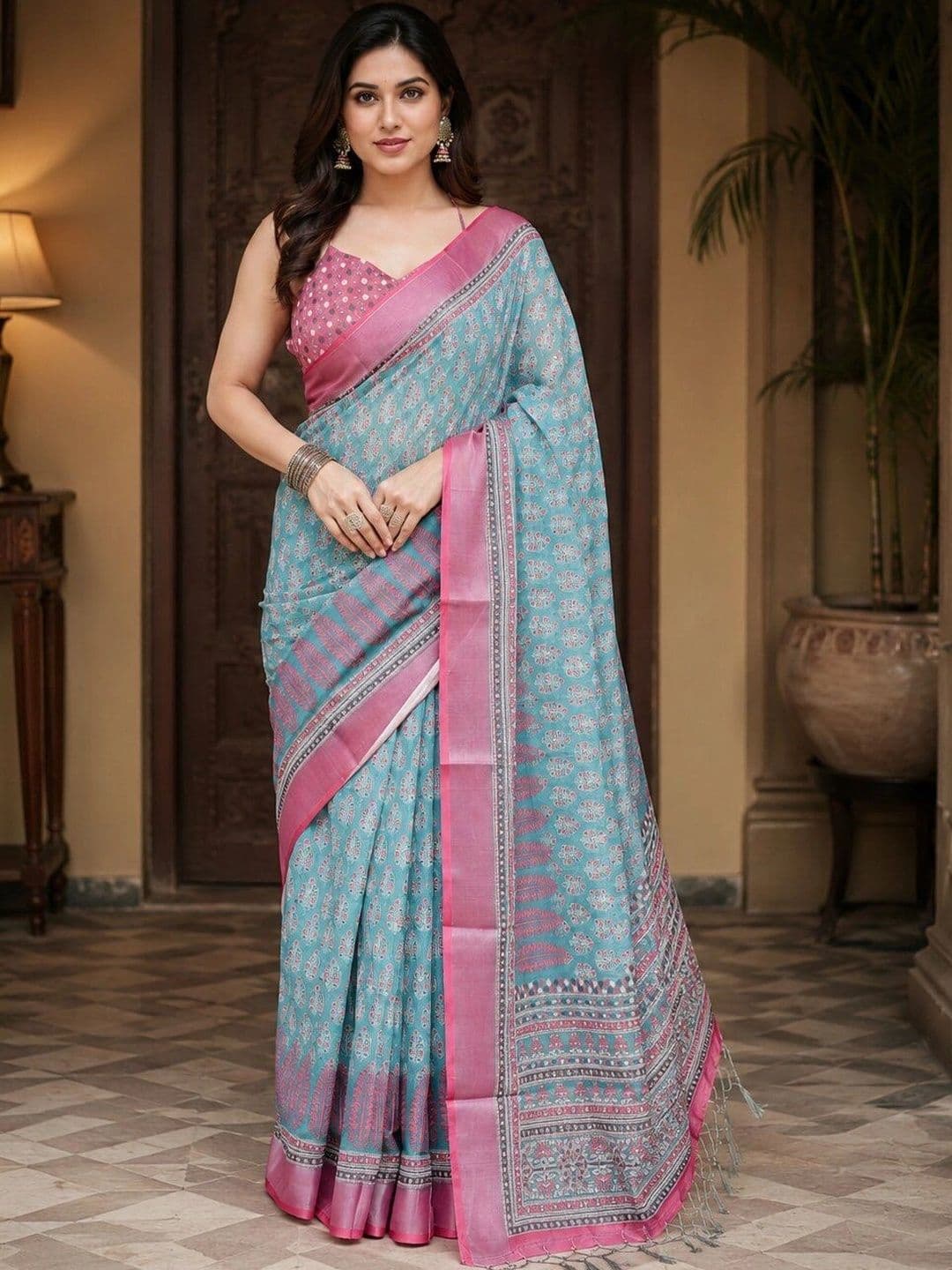 HERE&NOW Linen Blend Bhagalpuri Saree - view 1
