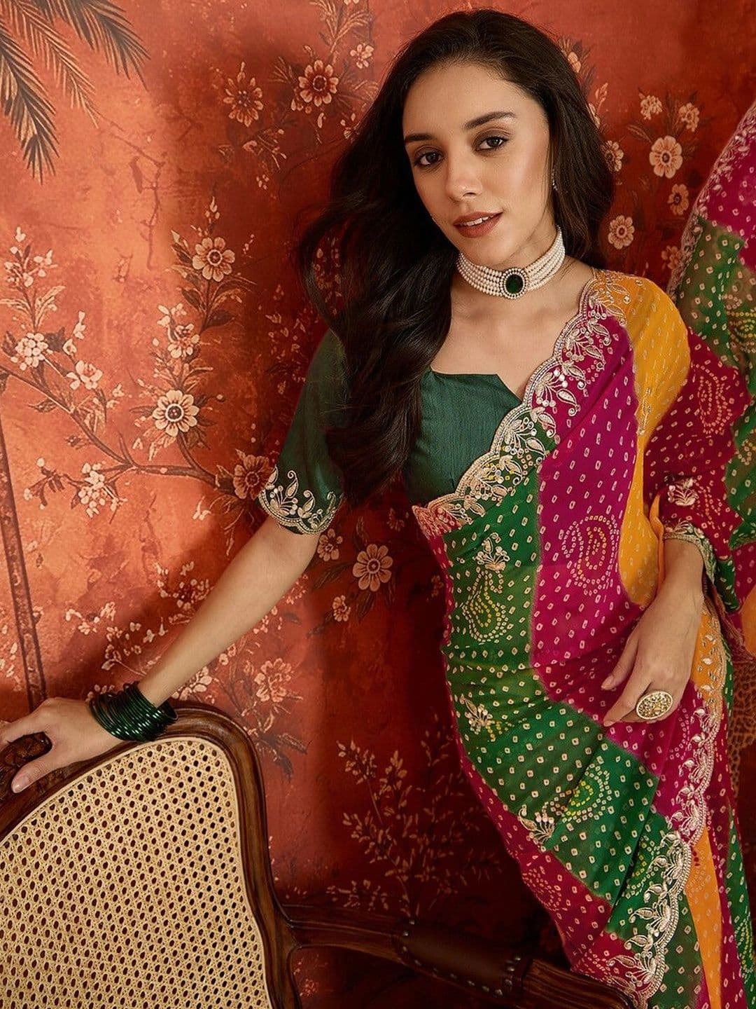 KALINI Bandhani Embroidered Pure Georgette Fusion Bandhani Saree thumbnail 2