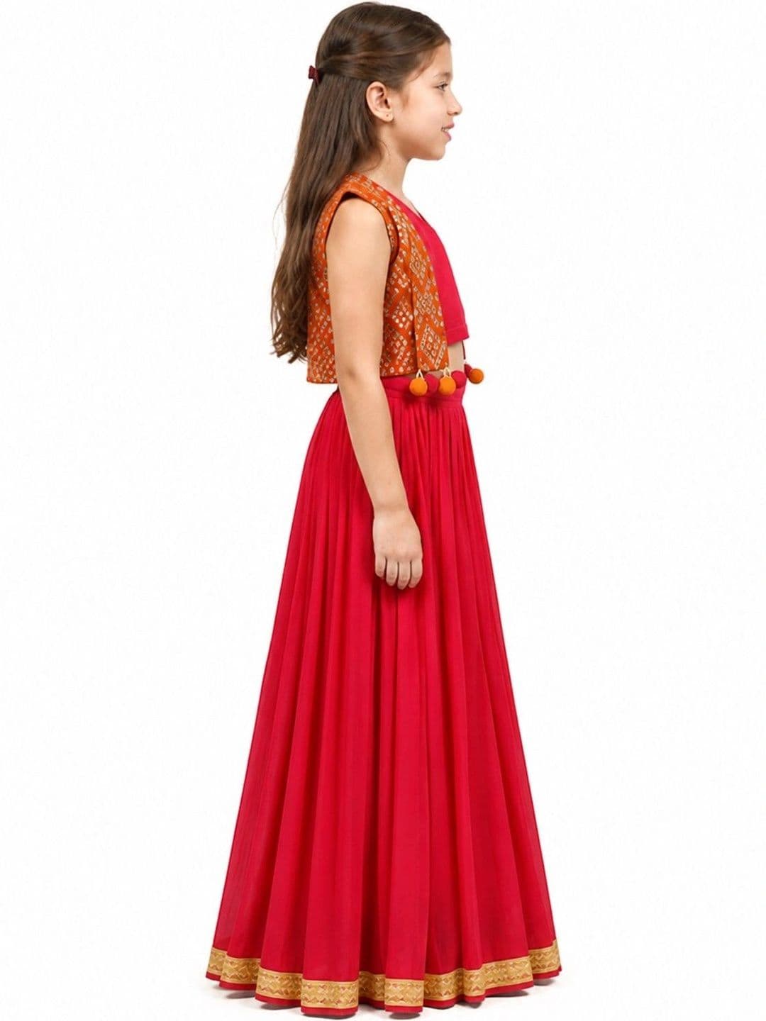 PICCOLO Girls  Mul Chanderi Choli, Lehenga & Mirror-Work Kachli Set-Red thumbnail 5