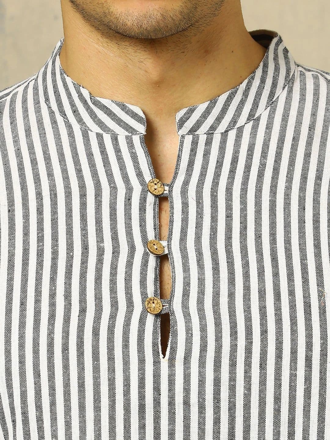 Navibhu Woven Design Striped Cotton Handloom Mandarin Collar Short Kurta thumbnail 2