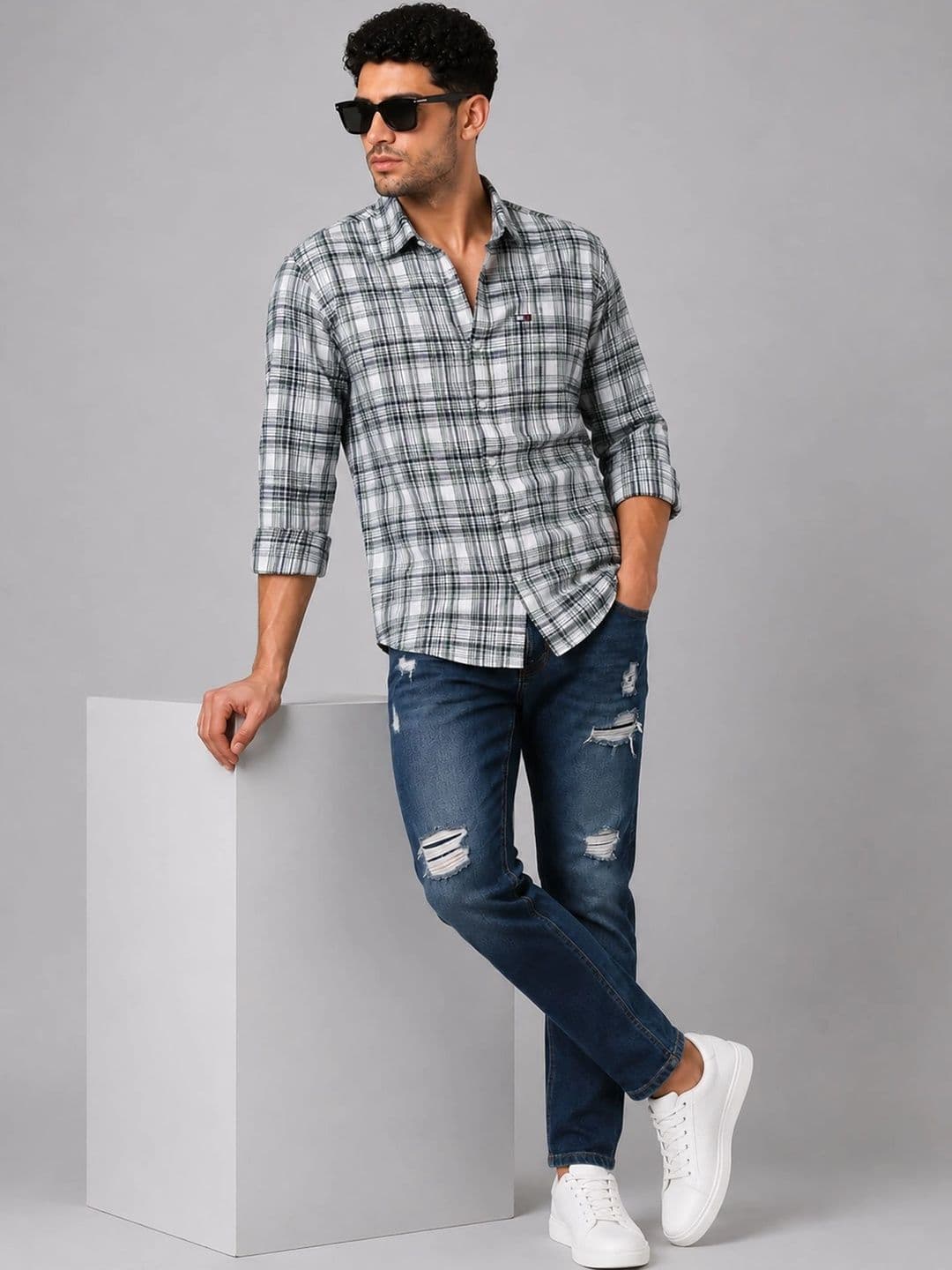 U.S. PITCHERS Men Modern Slim Fit Tartan Checks Checked Casual Shirt thumbnail 2