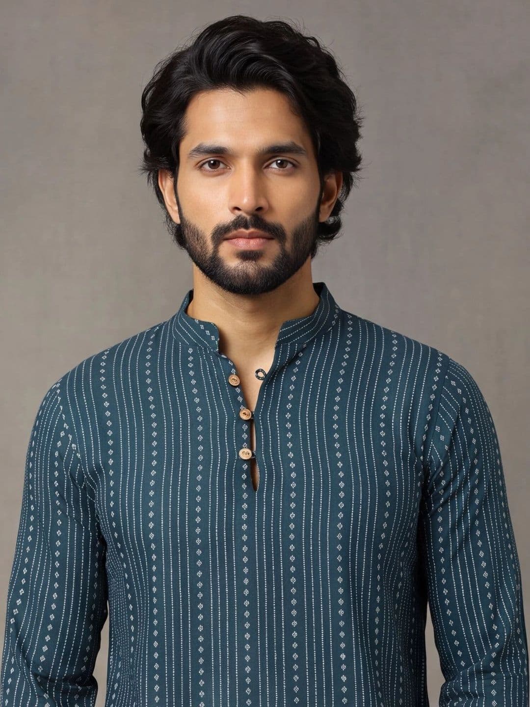 Navibhu Woven Design Striped Cotton Handloom Mandarin Collar Short Kurta thumbnail 3