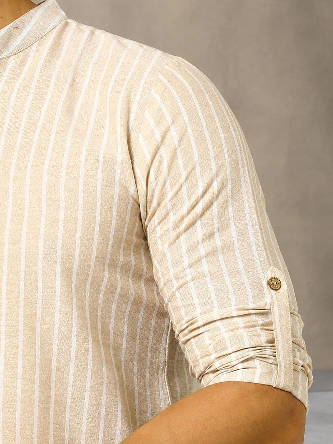 Navibhu Woven Design Striped Cotton Handloom Mandarin Collar Short Kurta thumbnail 2