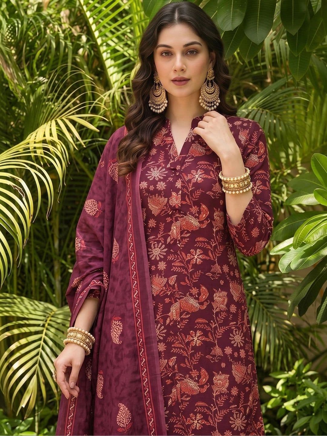 KALINI Floral Printed Mandarin Collar Straight Kurta With Trousers & Dupatta - view 1