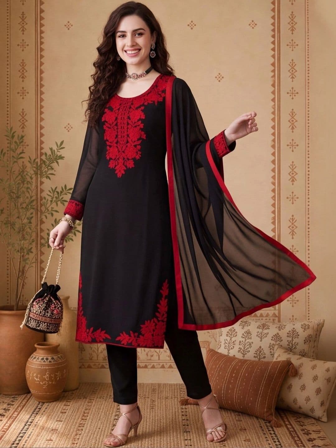 Anouk Women Floral Embroidered Regular Thread Work Kurta with Trousers & With Dupatta - view 1
