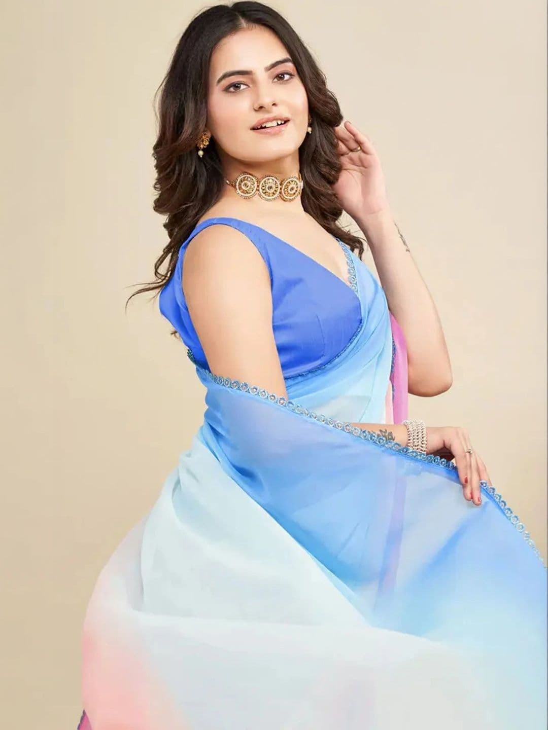 VS MALL Ombre Poly Georgette Half and Half Saree thumbnail 4