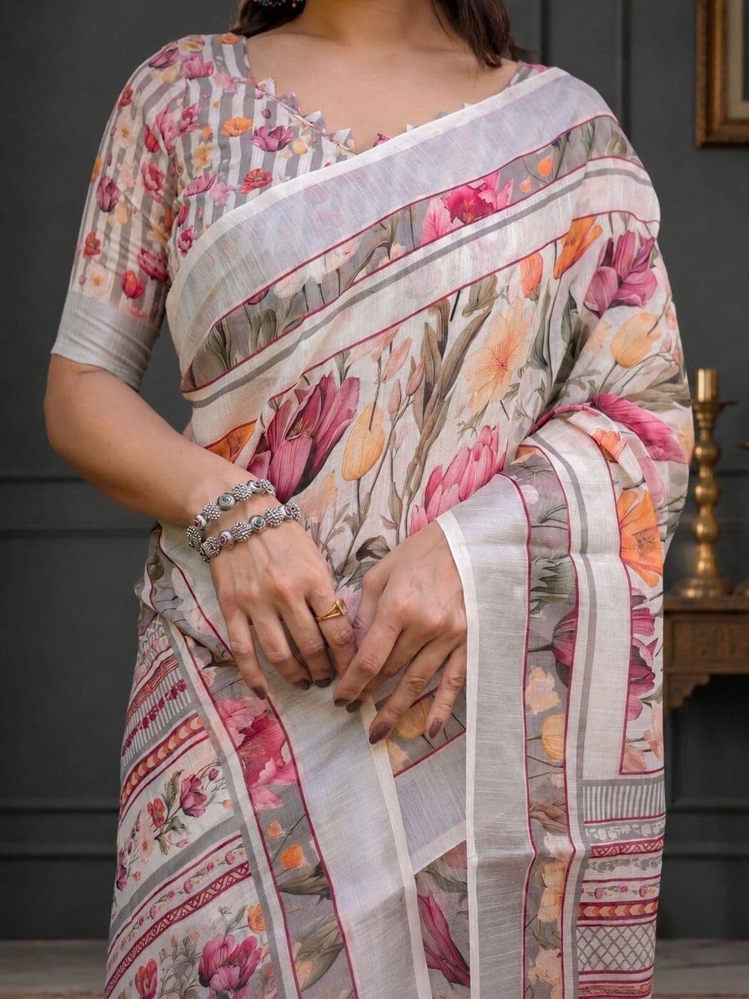 Moda Rapido Floral Linen Blend Bhagalpuri Saree thumbnail 4