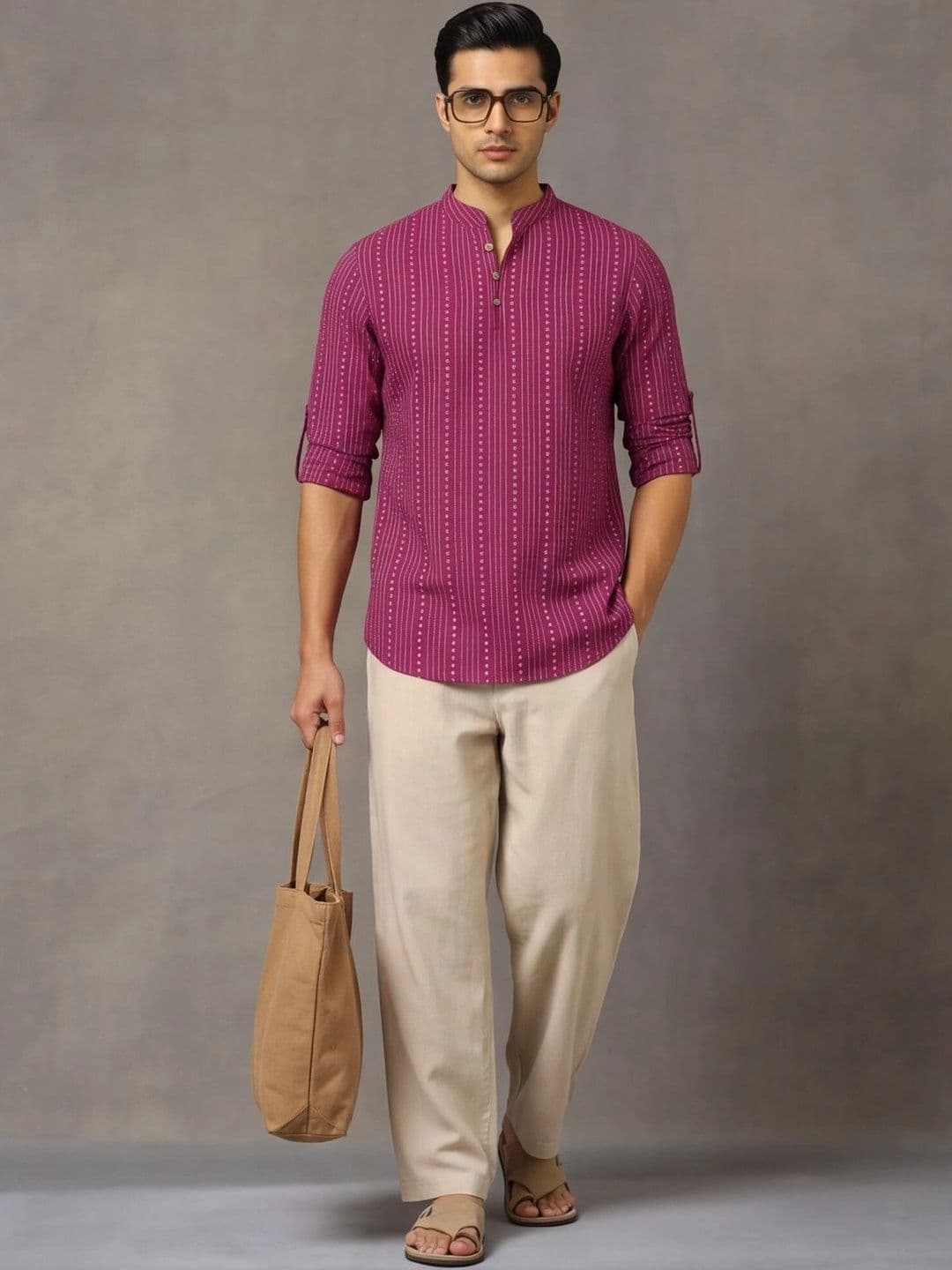 Navibhu Woven Design Striped Cotton Handloom Mandarin Collar Short Kurta - view 1