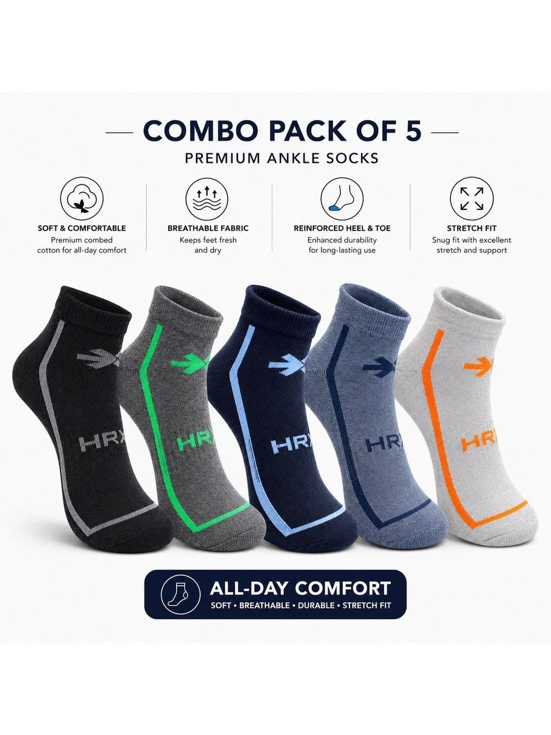 HRX by Hrithik Roshan Unisex Pack of 5 Cotton Blend Assorted Patterned Ankle Length Socks - view 1