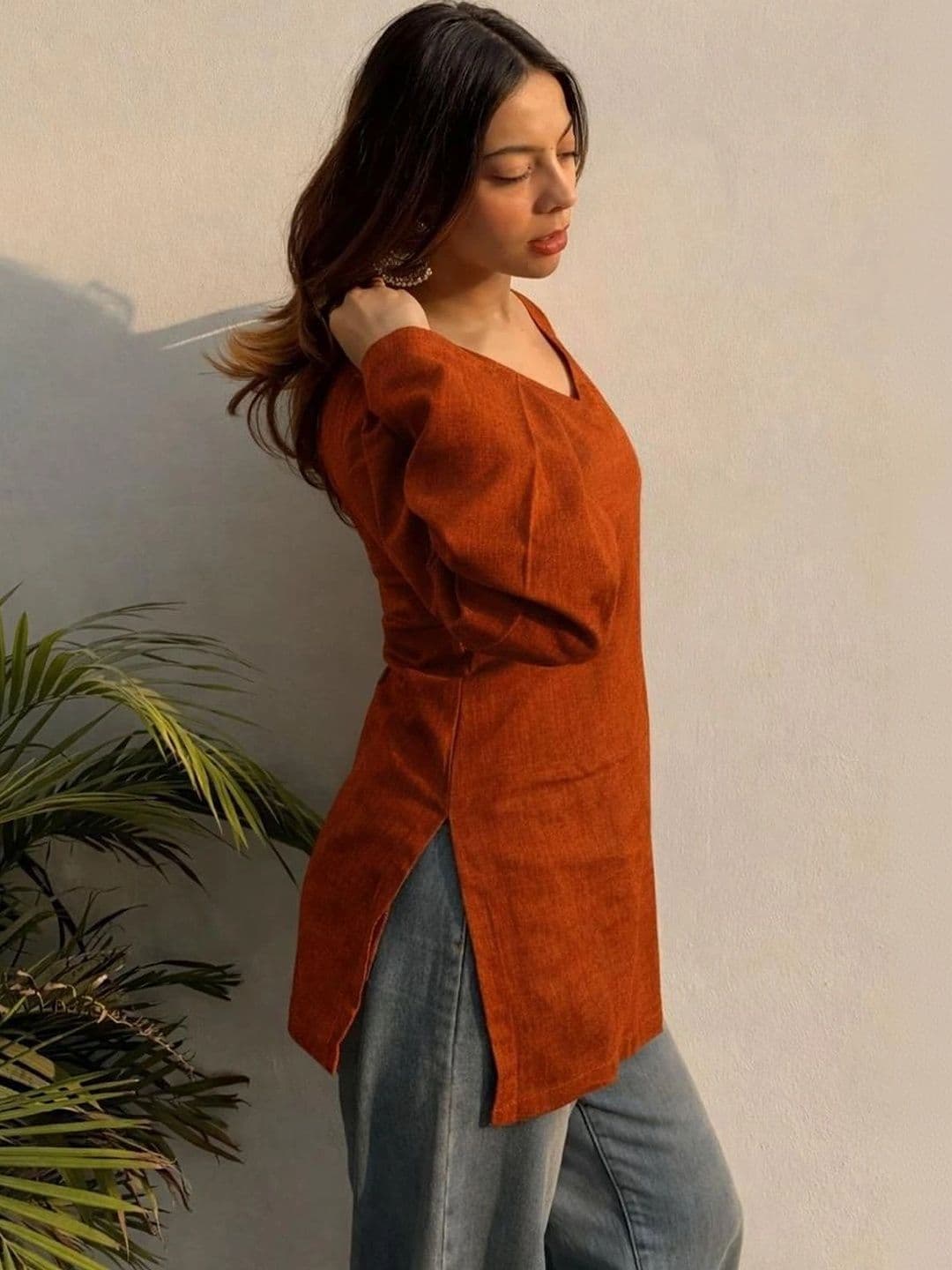 Sangria V-Neck Flared Sleeves Kurti thumbnail 2