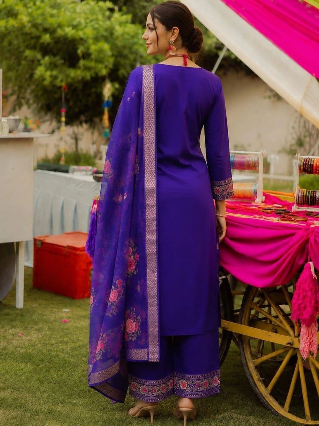 Veera Collection Women Ethnic Motifs Embroidered Regular Kurta with Trousers & With Dupatta thumbnail 4