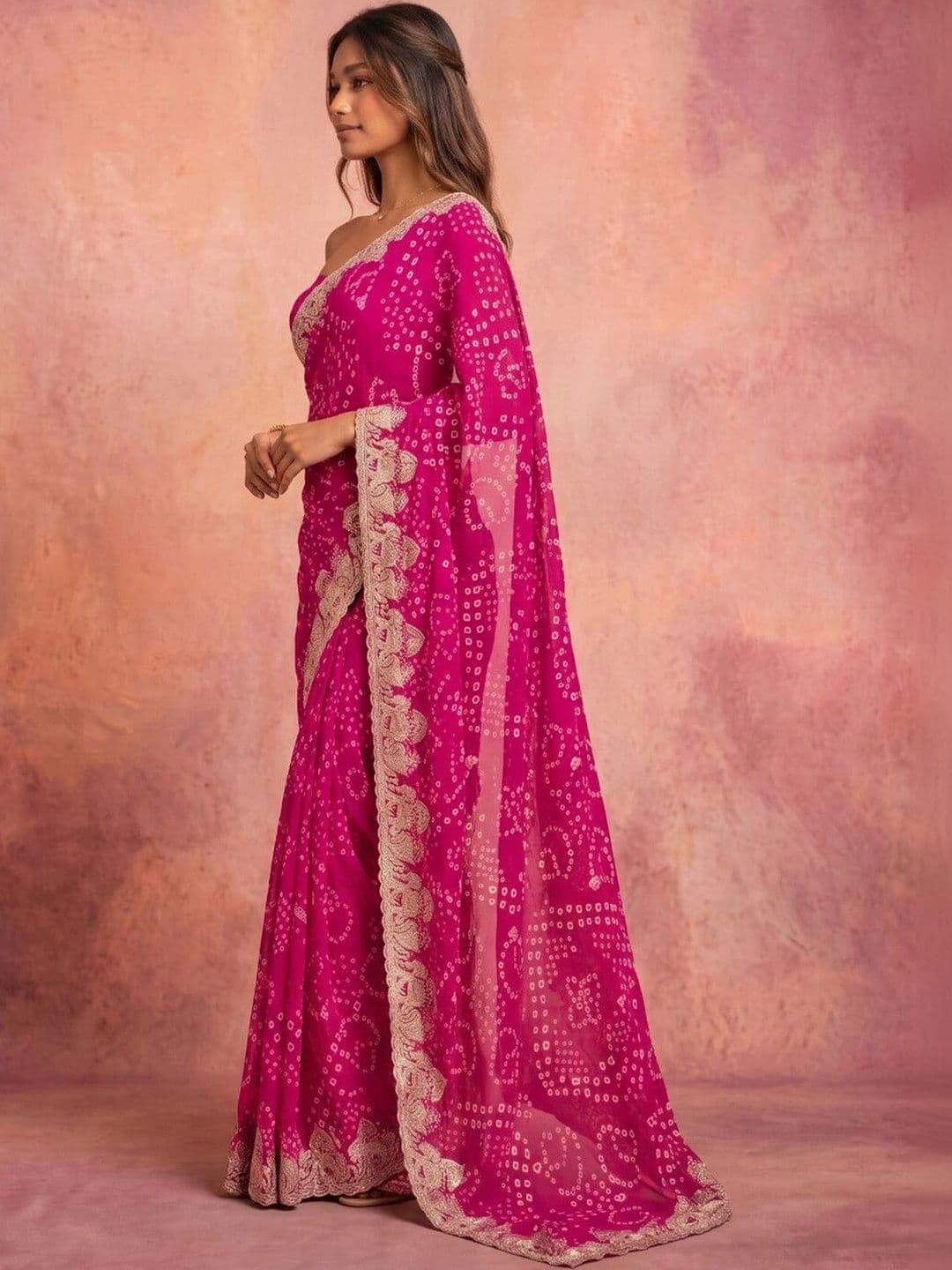 DRIP CHOWK Bandhani Embroidered Pure Georgette Fusion Bandhani Saree thumbnail 2