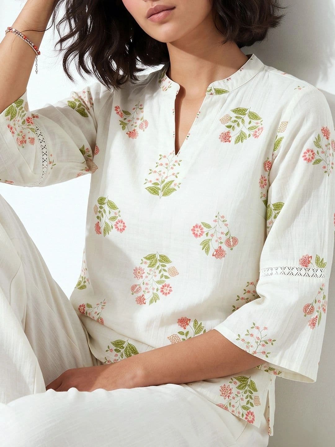 Colour Me by Melange Floral Print Flared Sleeve Cotton Blend Top thumbnail 4