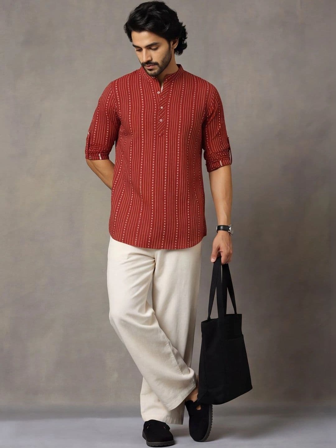 Navibhu Woven Design Abstract Cotton Handloom Mandarin Collar Short Kurta - view 1