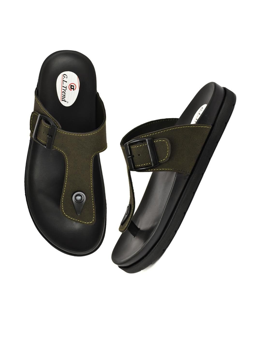 G L Trend Men Water-Resistant Olive Leather Slip-On T-Strap Sandals thumbnail 2