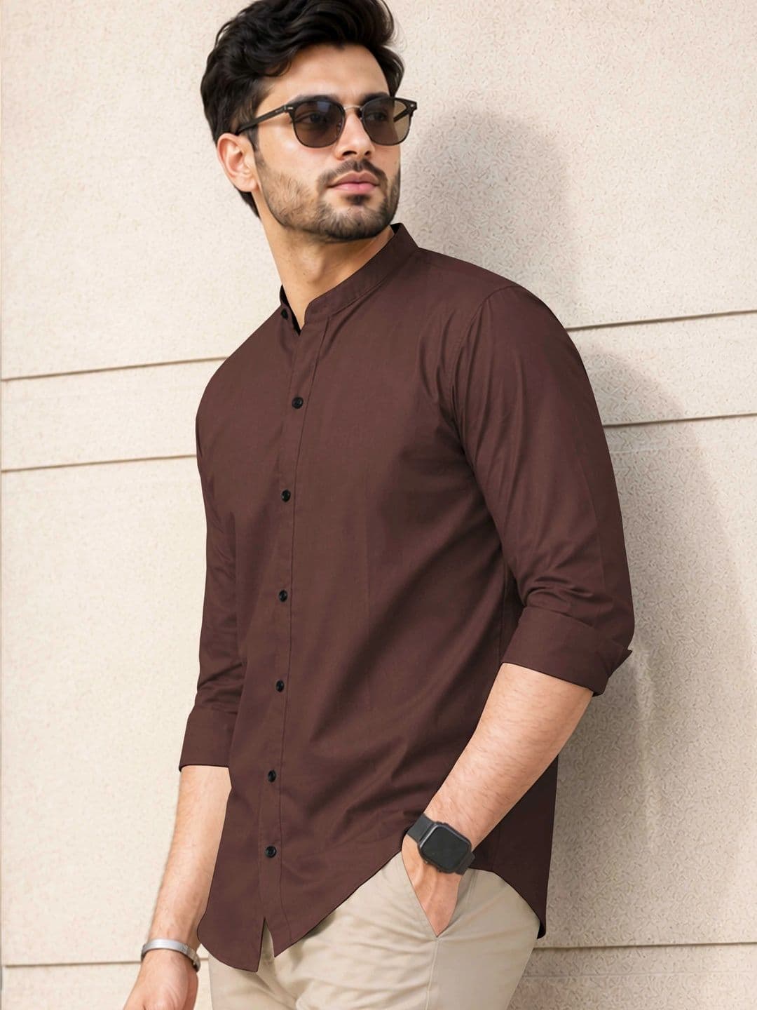 VeBNoR Men Standard Fit Solid Mandarin Collar Casual Shirt thumbnail 6