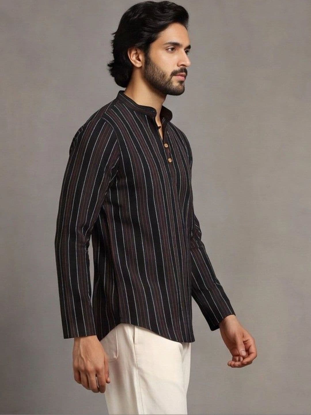 Navibhu Woven Design Striped Cotton Handloom Mandarin Collar Short Kurta thumbnail 4