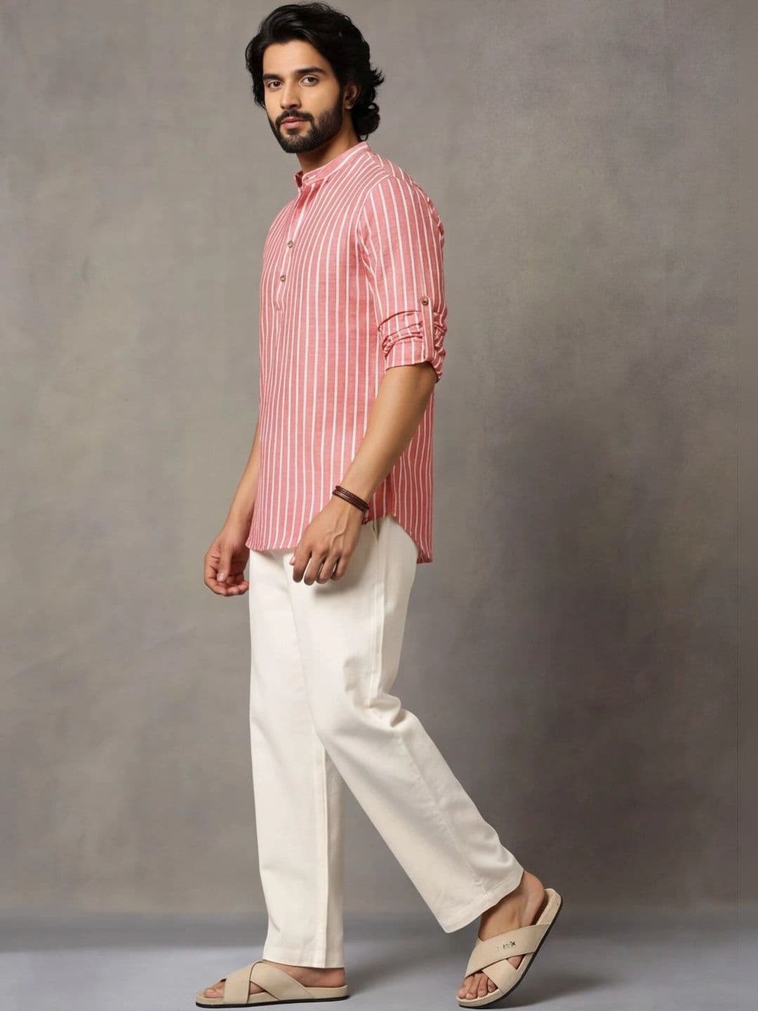 Navibhu Woven Design Striped Cotton Handloom Mandarin Collar Short Kurta thumbnail 5