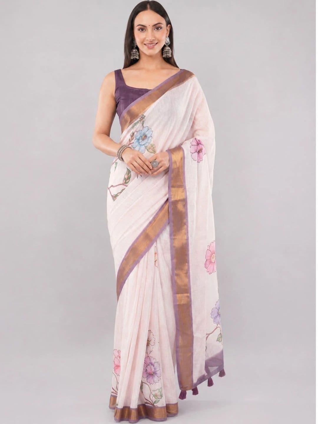 SAMANTHA Floral Zari Linen Blend Saree - view 1