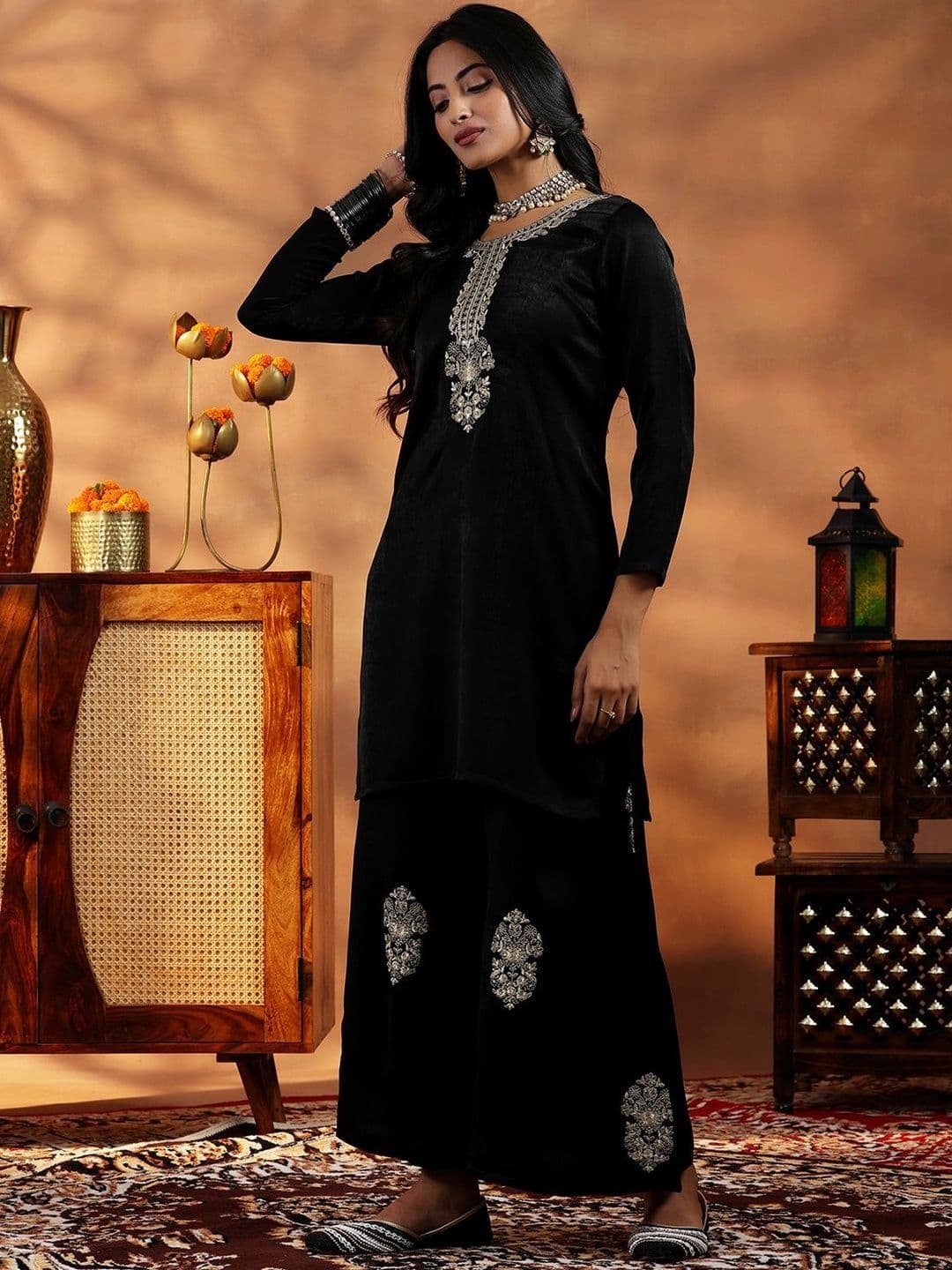 Libas Floral Velvet Embroidered Tunic with Palazzos thumbnail 5