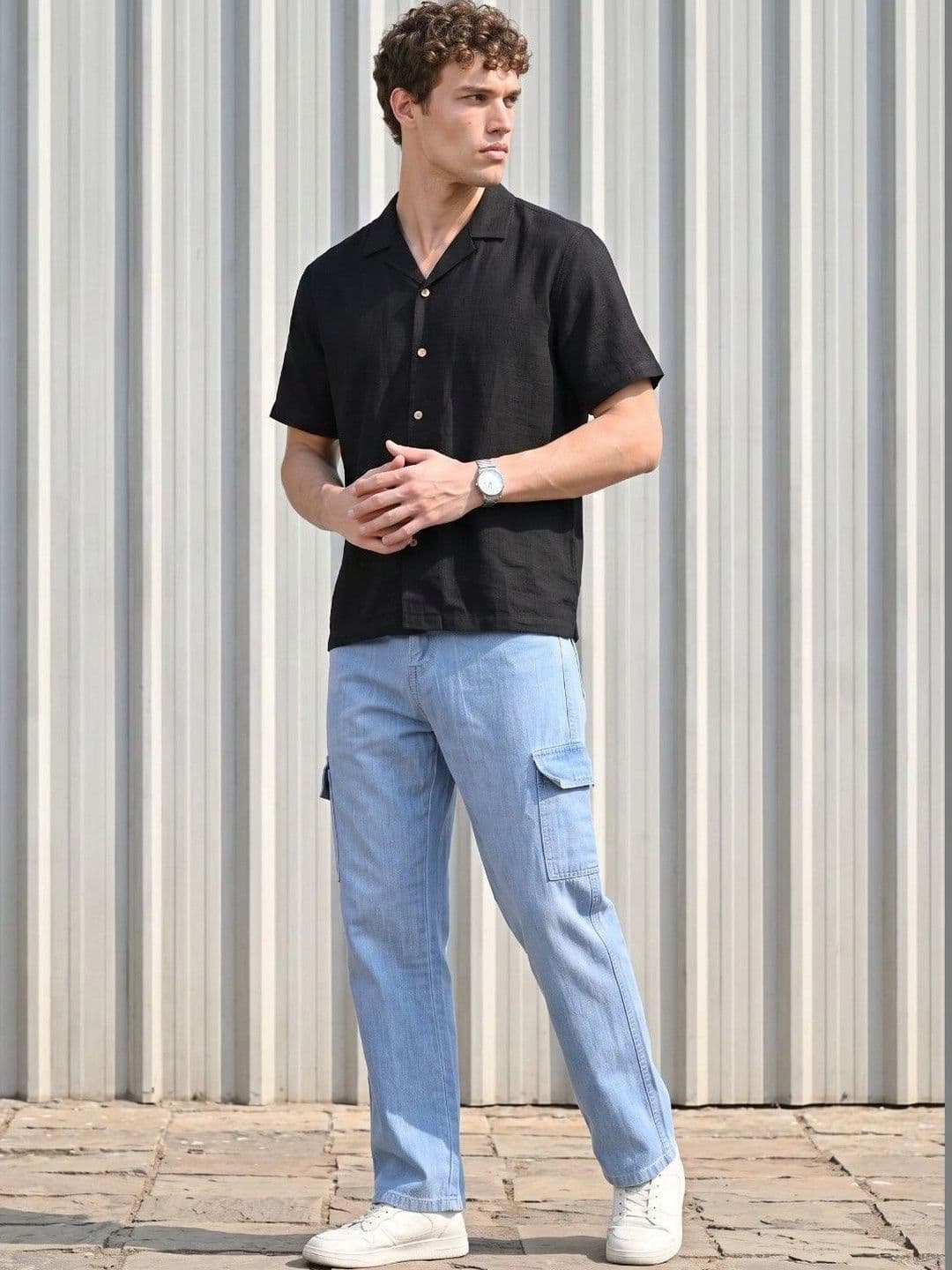 HERE&NOW Men's Light Wash Mid-Rise Cargo Relaxed Straight Jeans thumbnail 2