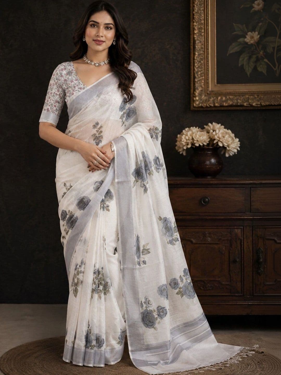 HERE&NOW Floral Linen Blend Bhagalpuri Saree - view 1
