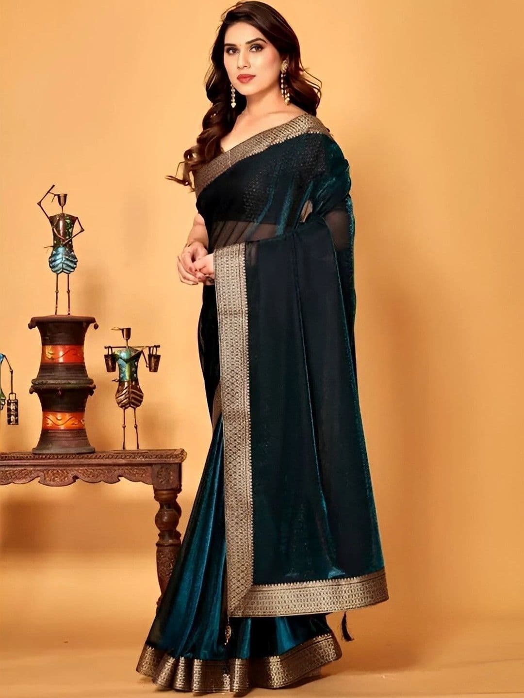 RENBRIZA Women's Teal Textured Woven Design Border Saree with Unstitched Blouse thumbnail 4