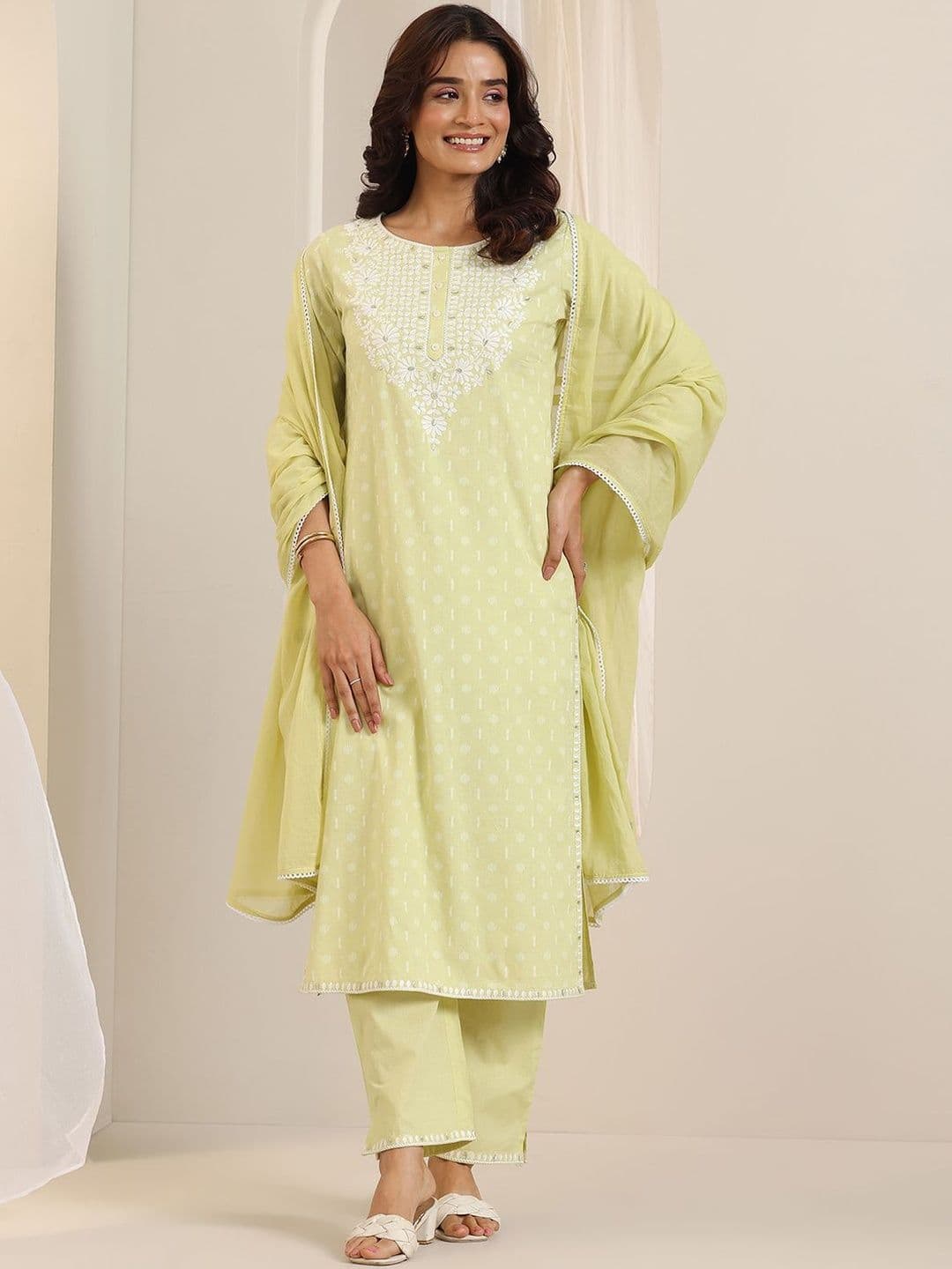 Libas Floral Woven Design Thread Work Kurta With Trousers & Dupatta - view 1