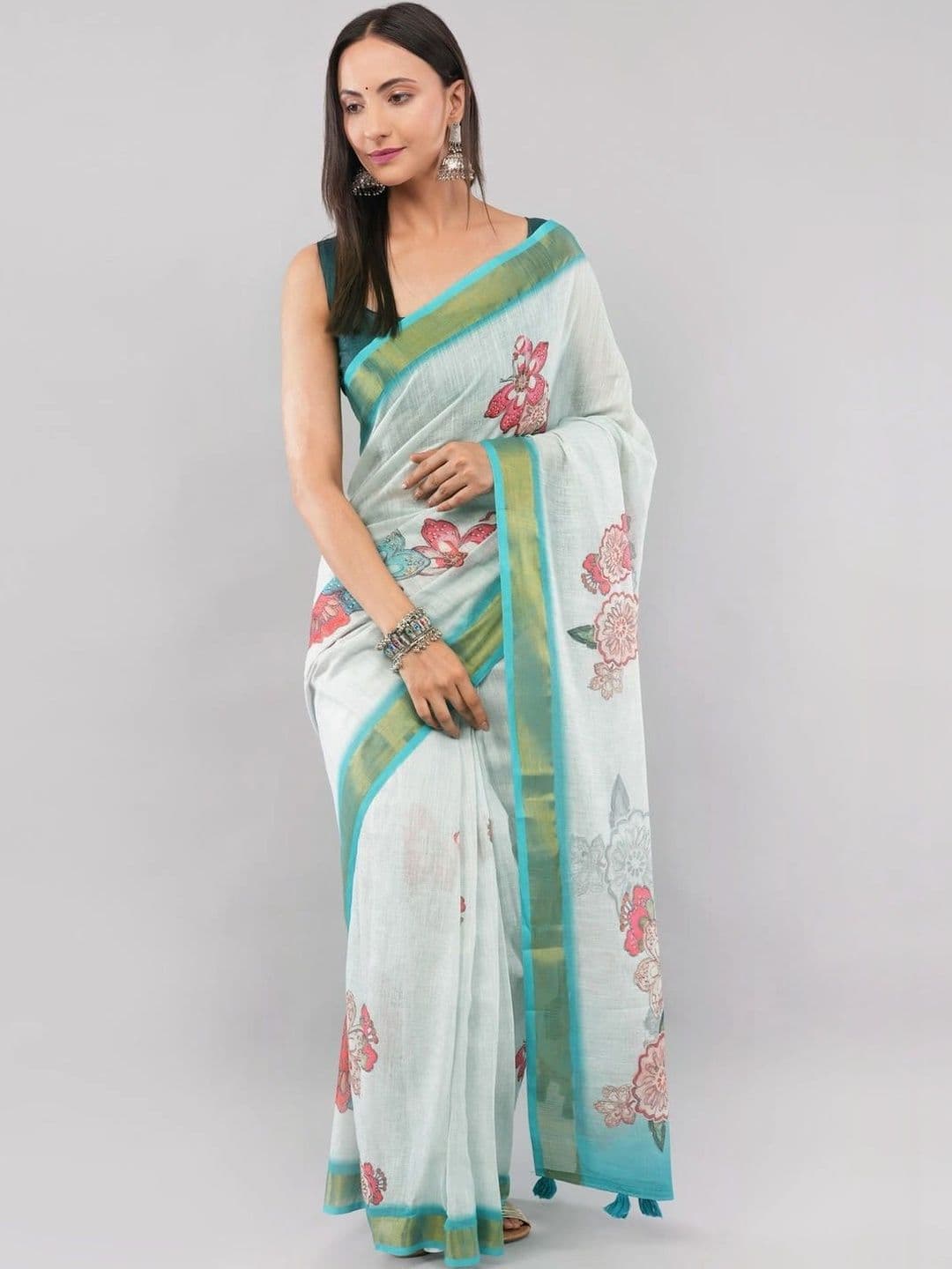 SAMANTHA Floral Zari Linen Blend Belted Saree thumbnail 7