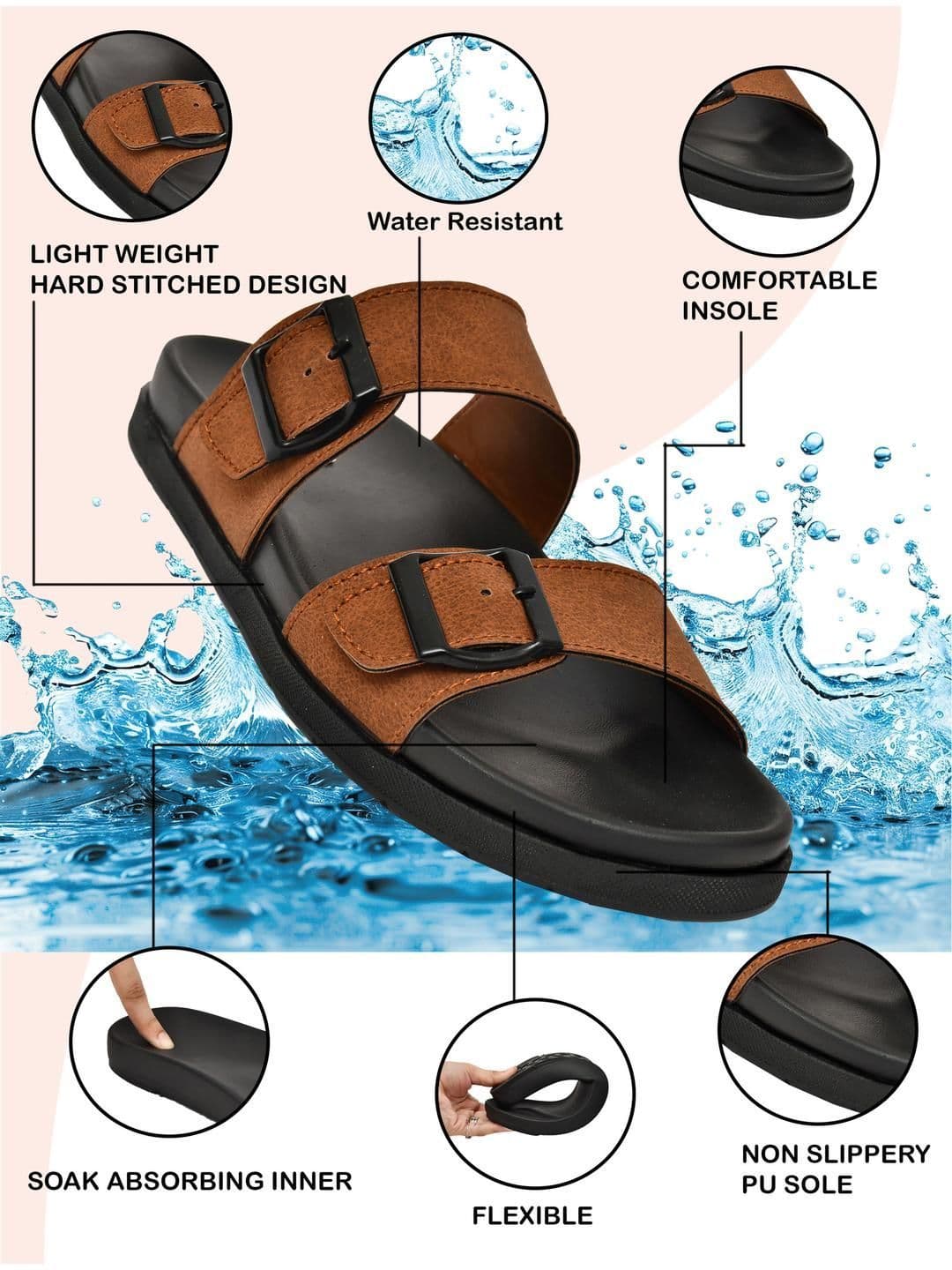 G L Trend Tan Leather Double-Strap Slip-On Water-Resistant  Sandals thumbnail 5
