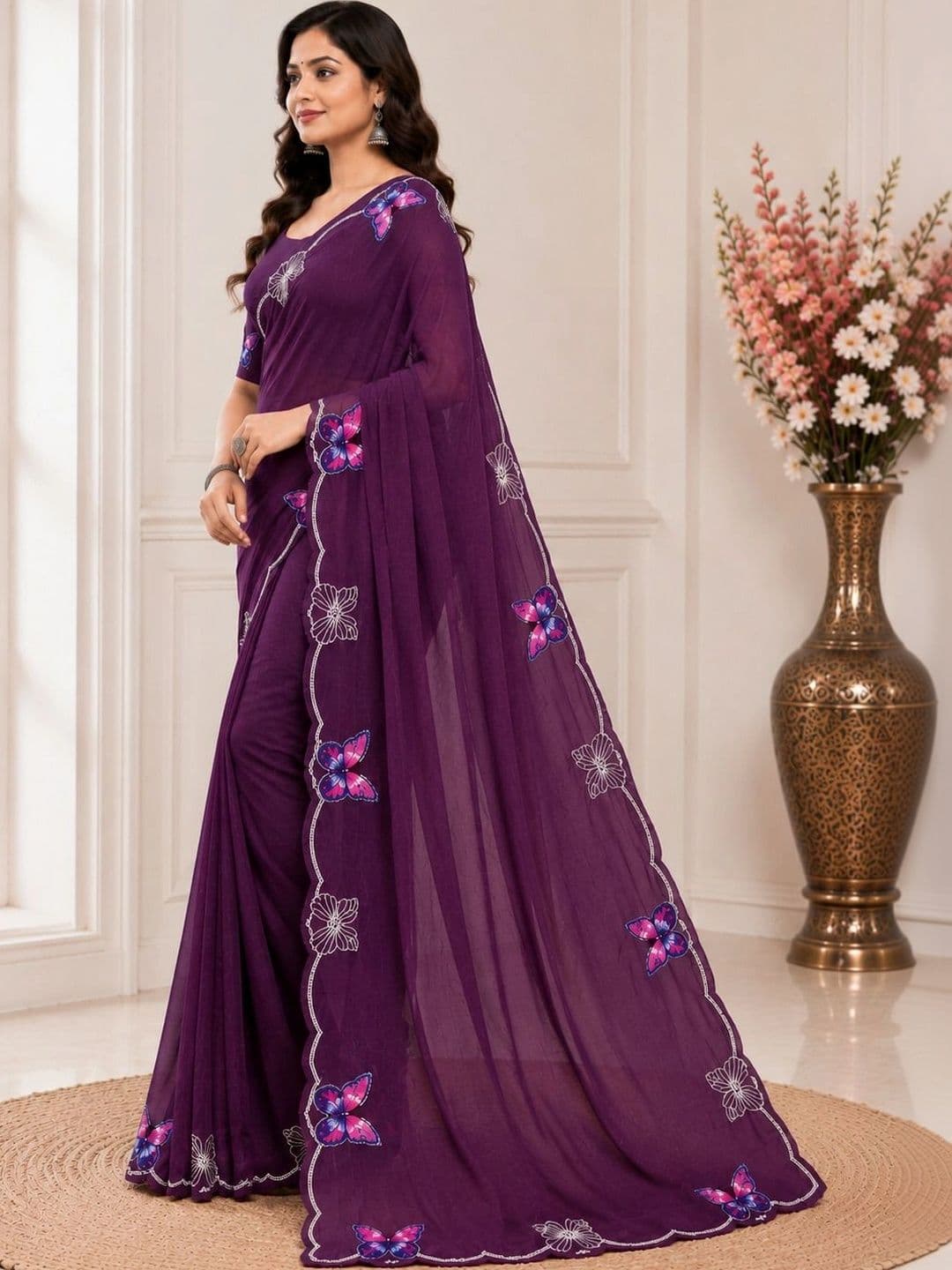 RENBRIZA Embroidered Poly Georgette Saree thumbnail 4