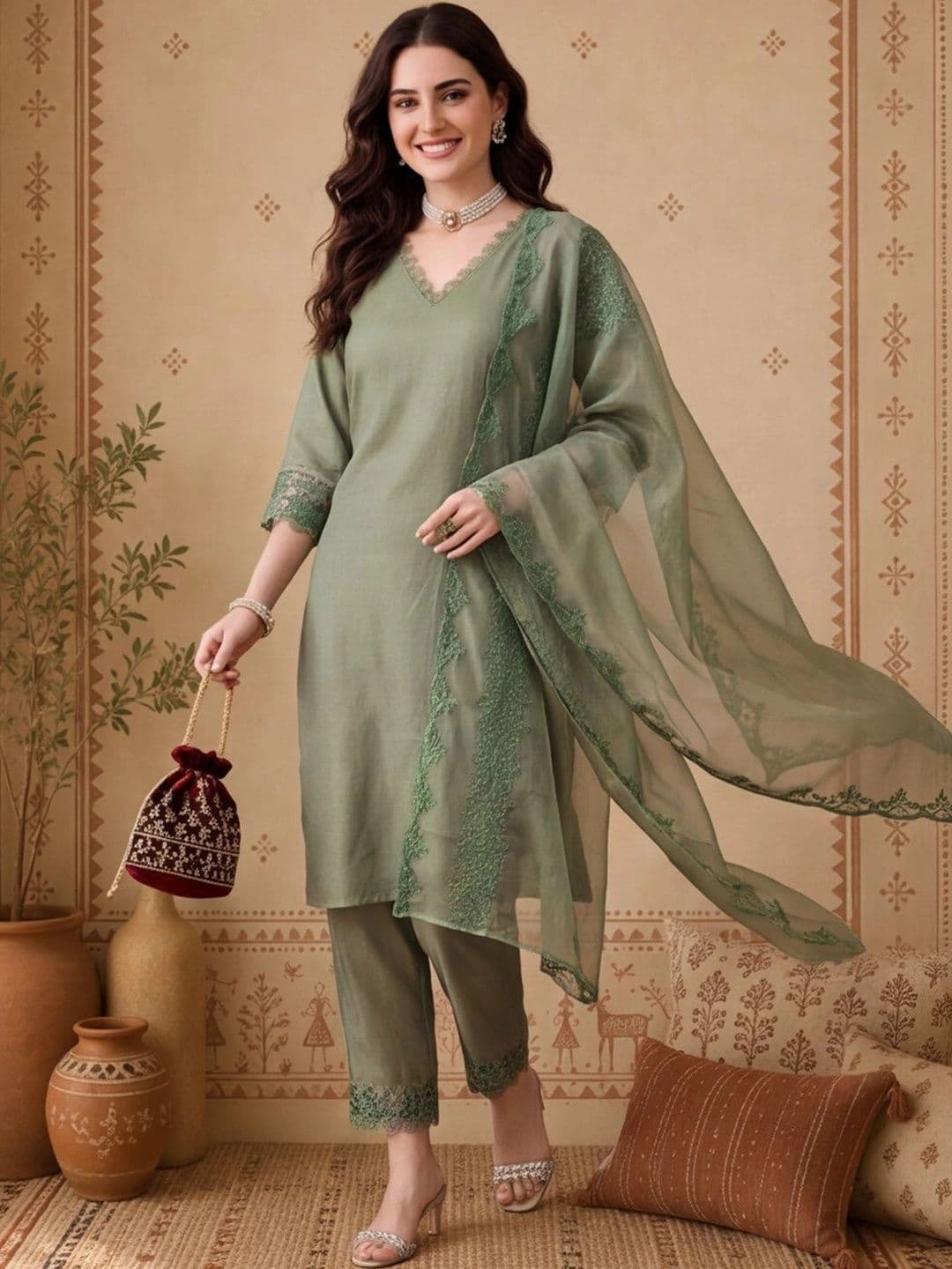 Anouk Women Regular Thread Work Kurta with Trousers & With Dupatta - view 1