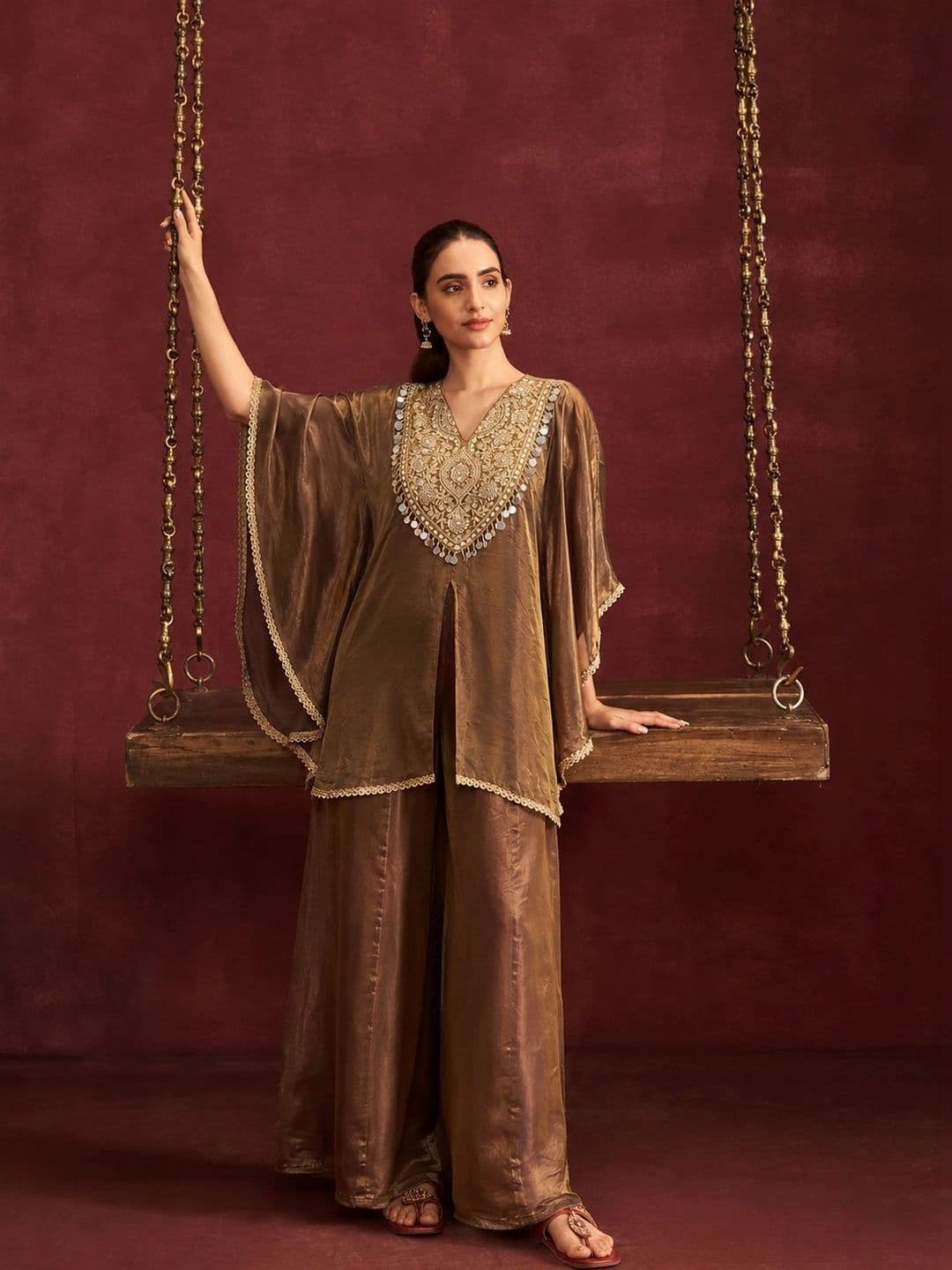 Colors  of Earth Colors of Earth Women Embroidered Regular Mirror Work Pure Silk Kurta with Palazzos thumbnail 2