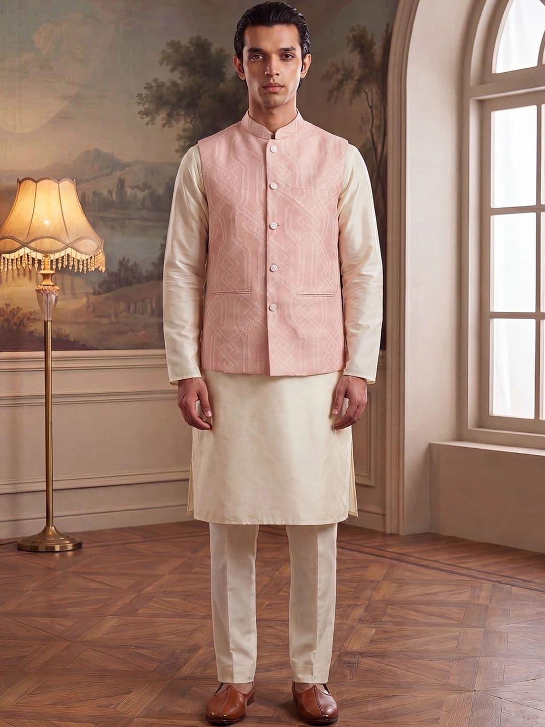 House of Pataudi Jacquard Woven Design Mandarin Collar Koti thumbnail 5