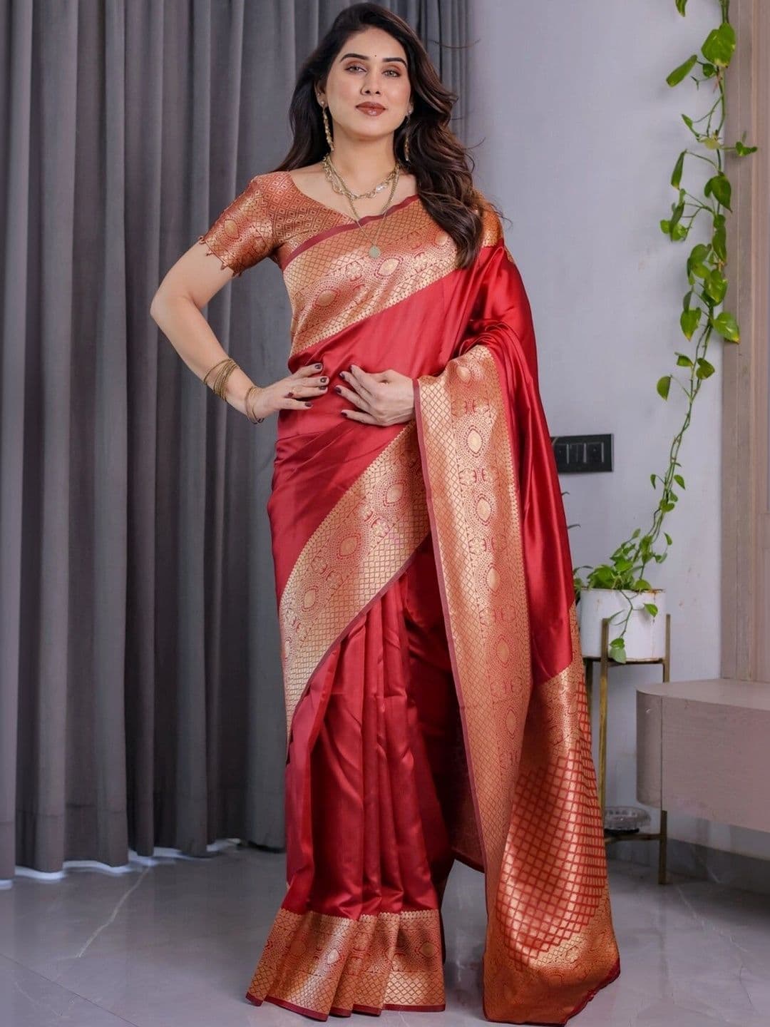 VS MALL Ethnic Motifs Zari Silk Cotton Banarasi Saree thumbnail 2