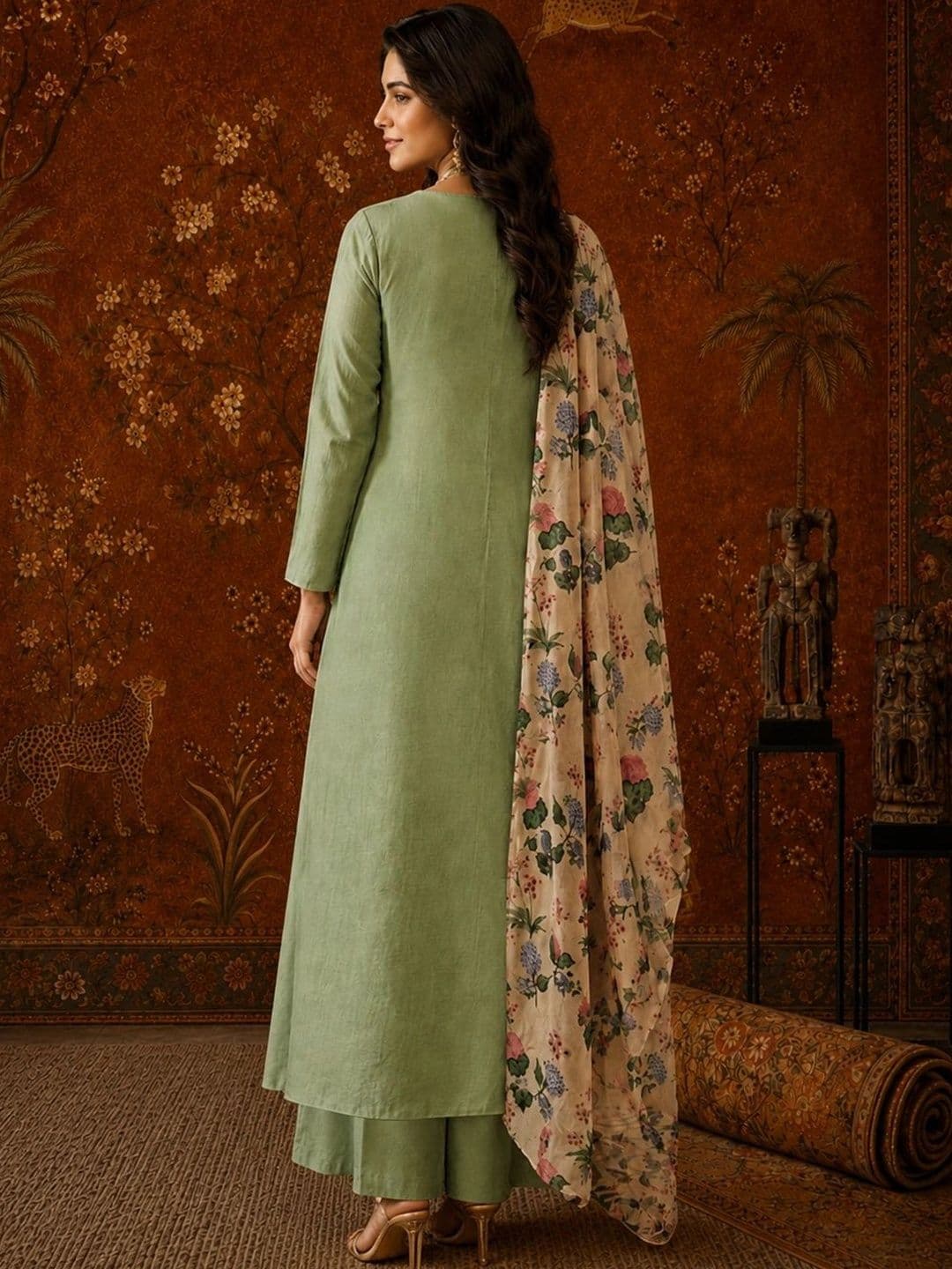 Sangria Women Floral Embroidered Empire Mirror Work Kurta with Palazzos & With Dupatta thumbnail 4