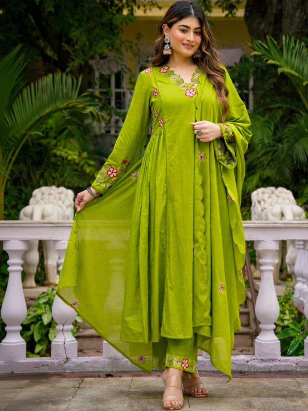 VASUPRADA Women Floral Embroidered Empire Thread Work Pure Cotton Kurta with Trousers & With Dupatta - view 1