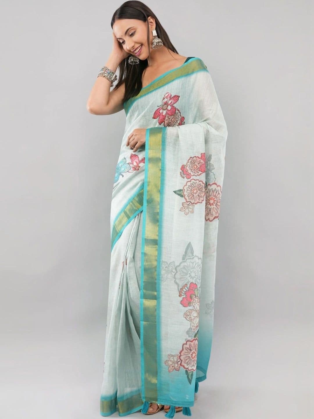 SAMANTHA Floral Zari Linen Blend Belted Saree - view 1