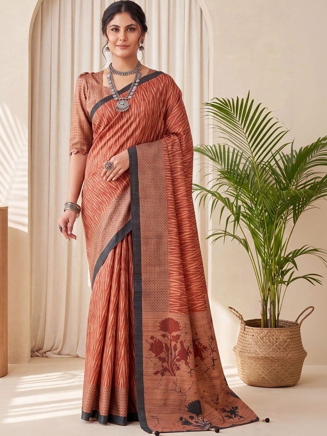 Anouk Striped Silk Blend Designer Block Print Saree - view 1