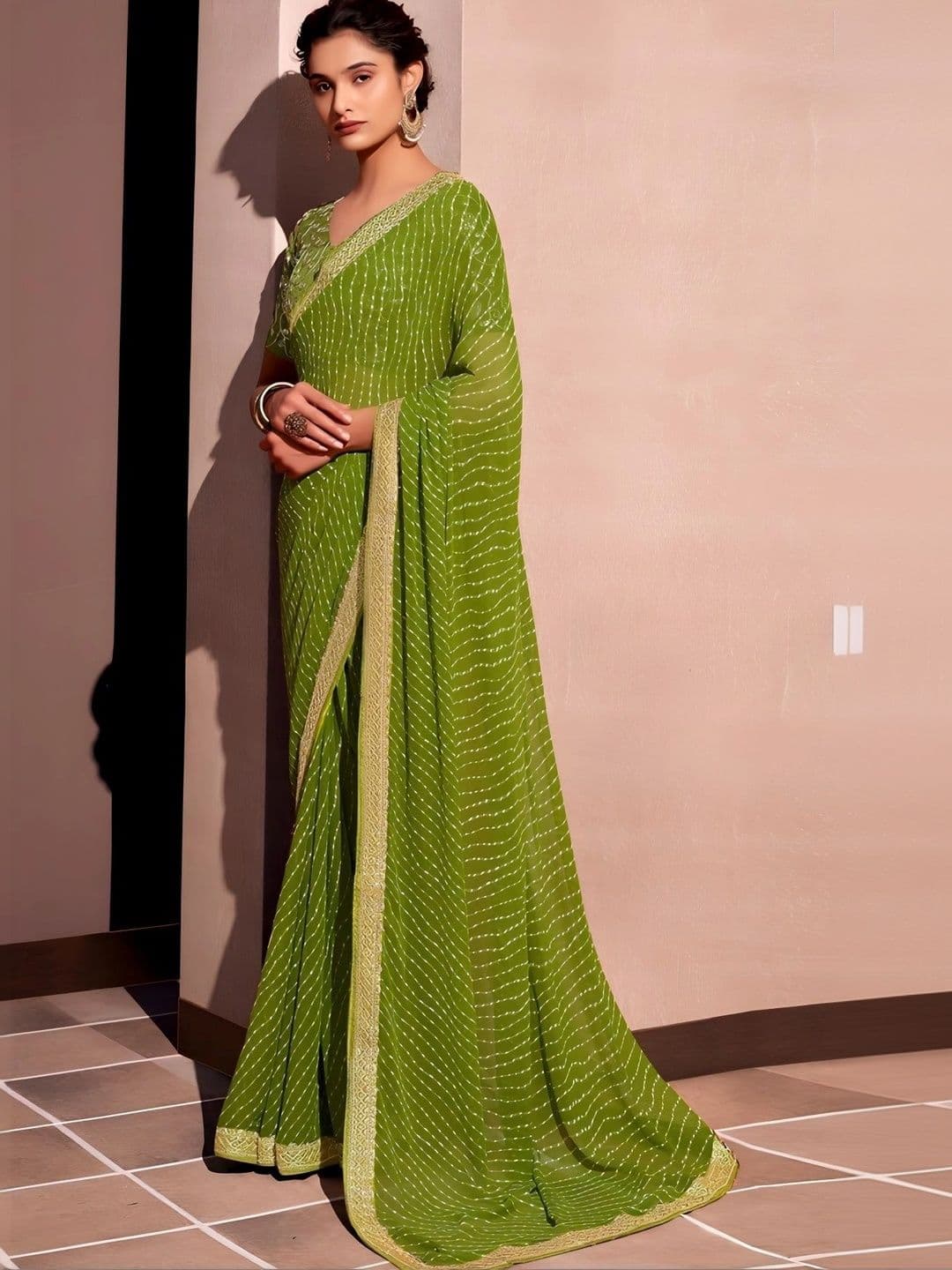 RENBRIZA Leheriya Embroidered Poly Georgette Saree thumbnail 3